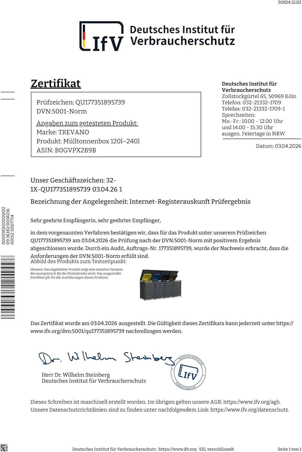 TREVANO Mülltonnenbox 3er 240l - Mülltonnenverkleidung 3 Tonnen Anthrazit - Robustes Mülltonnenhaus aus Stahl - Wetterbeständige Müllboxen für 3 Tonnen - Mülltonnen Unterstand 120l-240l