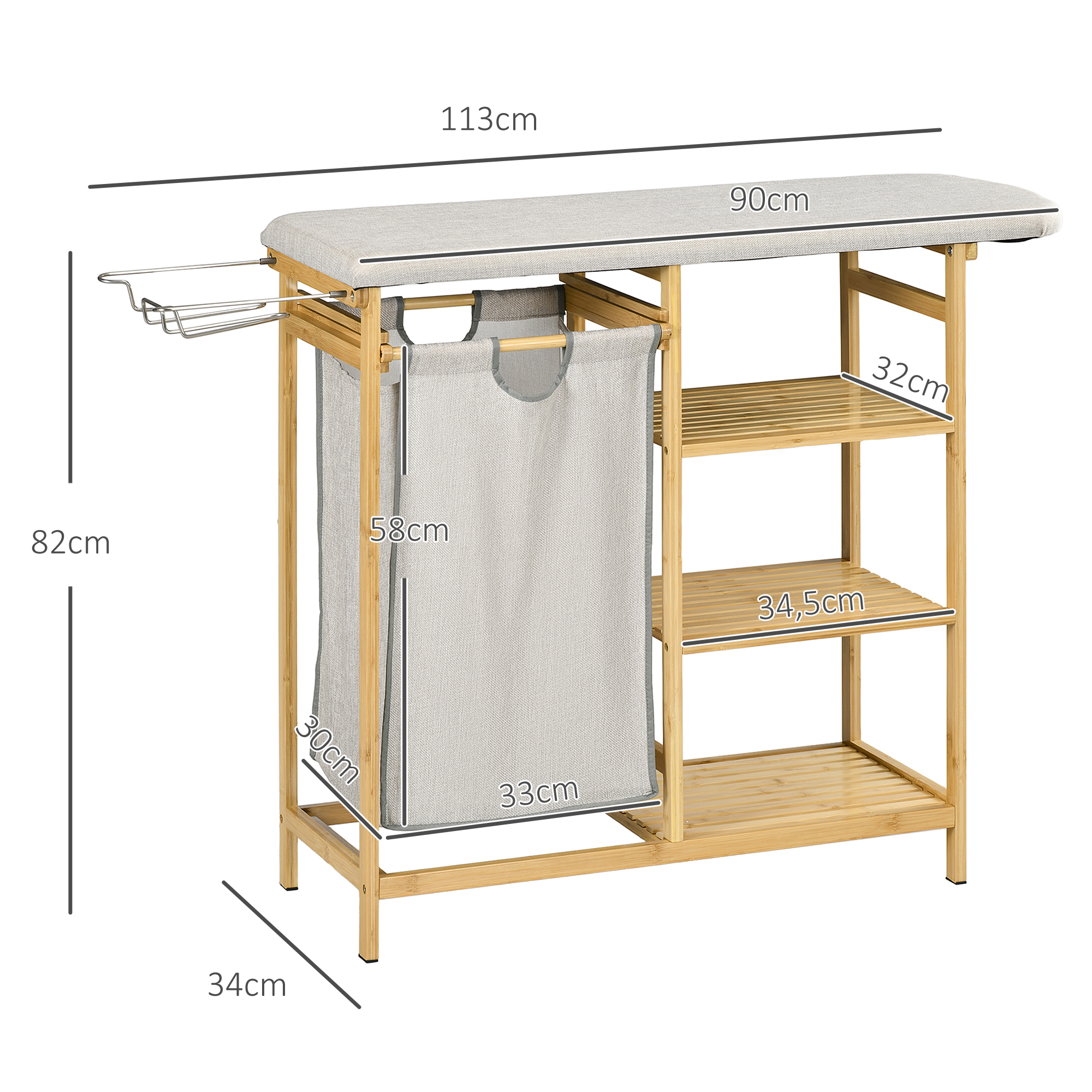 Wasmand, multifunctioneel, Stijkplank & Stoffen Zak 57L, Bamboe Frame, 113x34x82cm, Natuur/Grijs