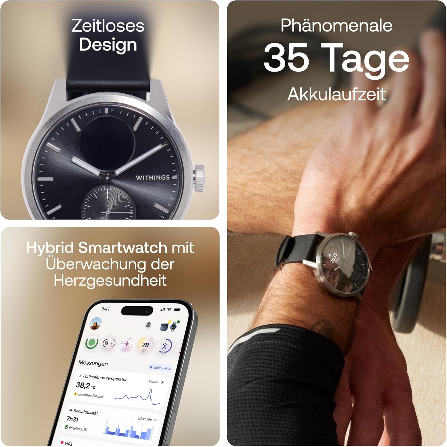 Withings ScanWatch 2 – Gesundheits-Smartwatch für Damen und Herren, EKG, SpO2, Temperatur, Schlaf-Tracker, Atemgesundheit, wasserdicht, Akku 35 Tage, Android und iOS, 42mm, Schwarz