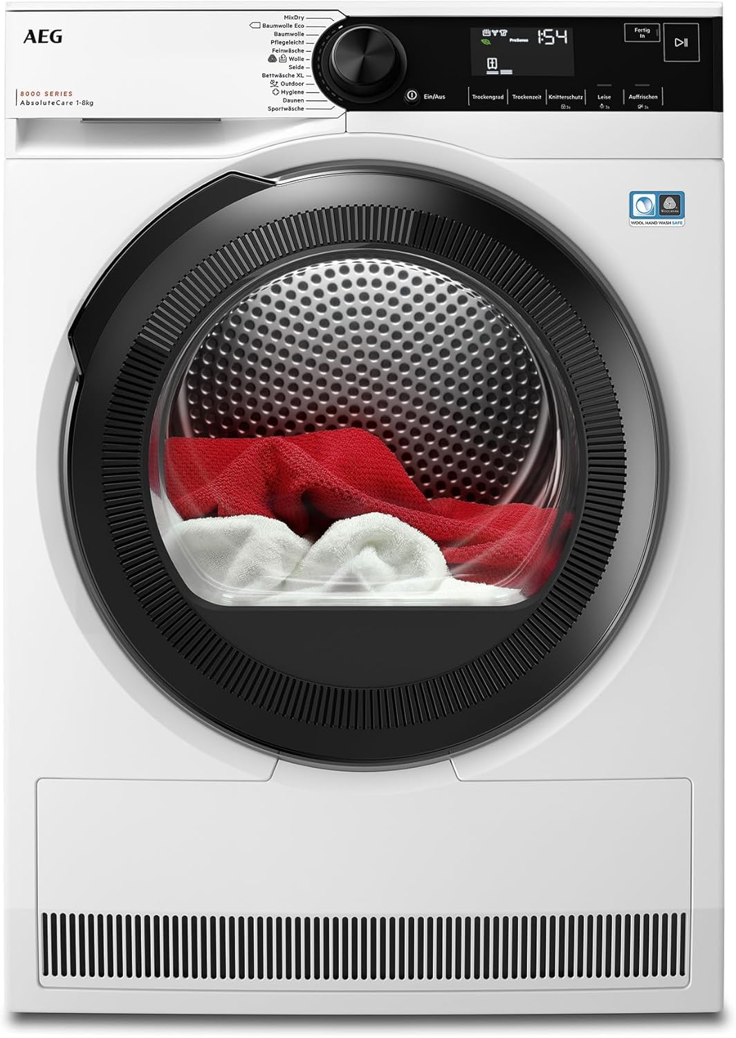 AEG Wärmepumpentrockner 8 kg, Testsieger der Stiftung Warentest, Serie 8000 AbsoluteCare - Wolle- und Seidetrocknung, C, Energiesparend, Trommelbeleuchtung, Knitterschutz, Schontrommel, TR8AMZ68