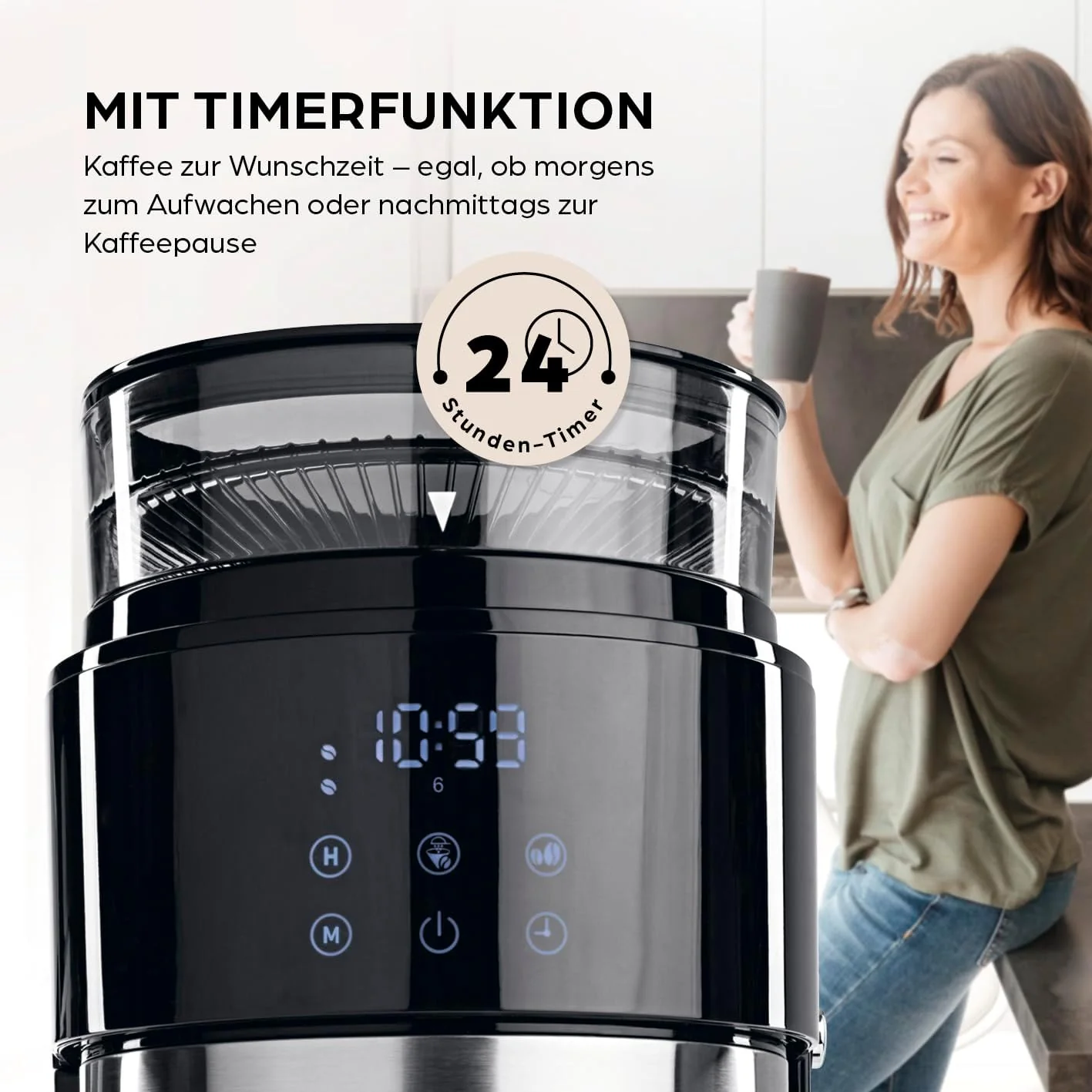Barista filterkoffiezetapparaat met verstelbare molen & thermoskan | Warmhoudfunctie, 24-uurs timer & permanent filter | Voor 10 koppen koffie | Koffiezetapparaat voor bonen & poeder [roestvrij staal]