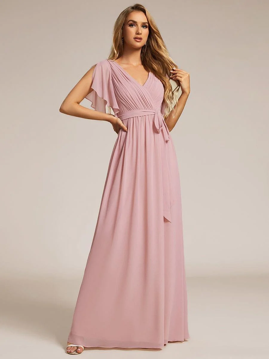 Abendkleid Damen Maxi A-Linie aus Chiffon | Festliches Kleid f��r Hochzeitsg?ste mit V-Ausschnitt und Fl��gel?rmeln