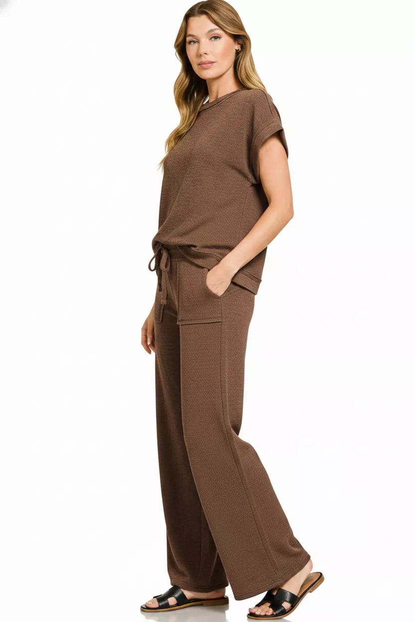 Zenana Cotton Slub Short Sleeve Tee and Pants Set