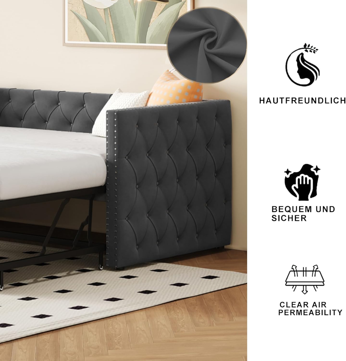 Polsterbett Ausziehbares Schlafsofa 90/180 * 200 cm mit Lattenrosten, Multifunktionsbett aus hautfreundlichem Samtstoff Dunkelgrau，Klassische Vollform mit Knöpfen
