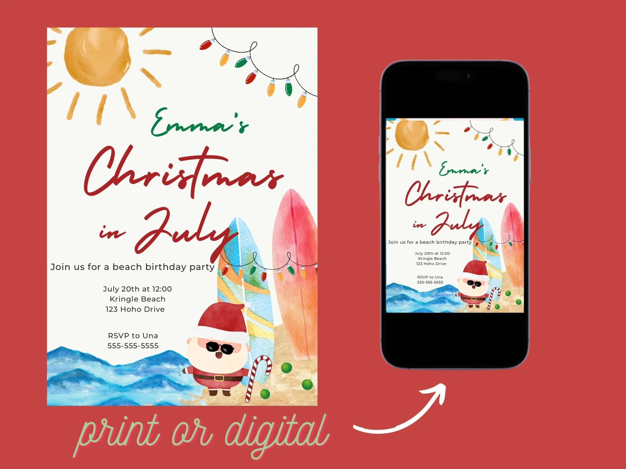 Christmas in July Invitation, beach party Invitation, children's birthday invitation, july birthday, Christmas in July Birthday