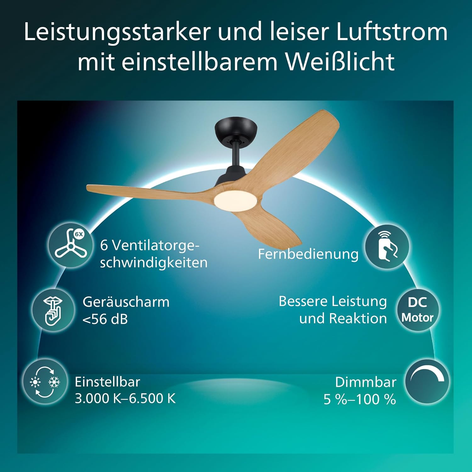 Olas Deckenventilator mit LED-Leuchte, 3 Flügel, 132 cm Durchmesser, 2650 Lumen, einstellbares weißes Licht von 3000 K bis 6500 K, dimmbar auf 5%, inklusive Fernbedienung, schwarz/Holz
