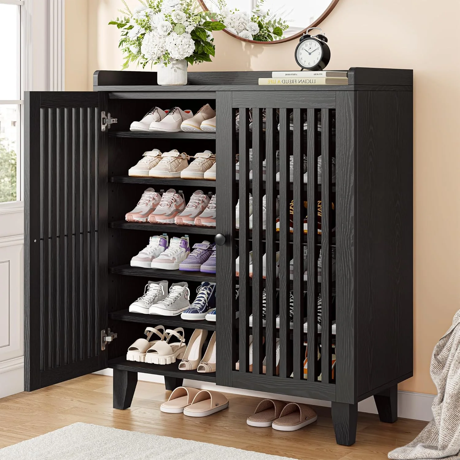 IRONCK Shoe Cabinet with Slatted Doors, 6-Tier Shoe Storage Cabinet