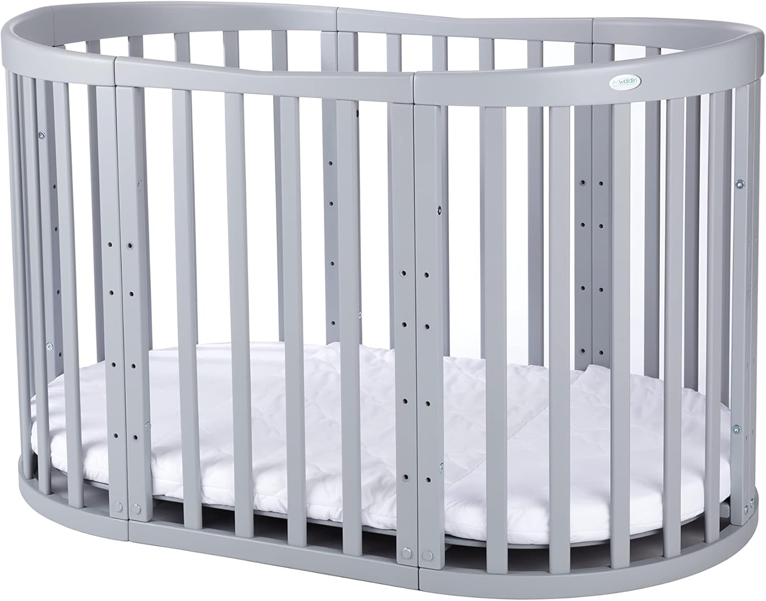 Waldin Oval Baby-Bett Mitwachsend Komplett Set 7in1, Gitterbett, Kinderbett mit Matratze, Wickelkommode, Beistellbett, Holz Weiß