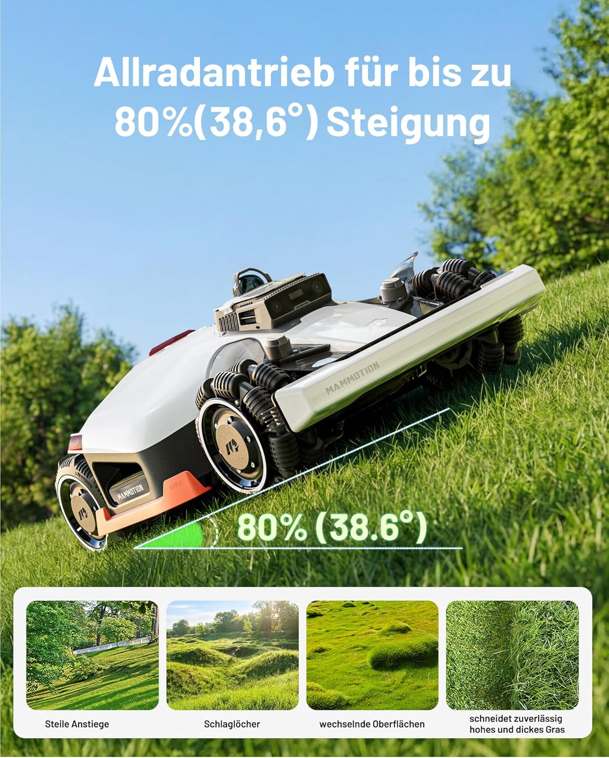 MAMMOTION LUBA 3 AWD 1500 Mähroboter ohne Begrenzungskabel für 1500㎡, 360° LiDAR+Dual-Kamera mit KI-Steuerung, Kein RTK, AWD für bis zu 80% Steigung, 15 Multi-Zonen, Schnitthöhe 25-70 mm, 9,4Ah-AKKU