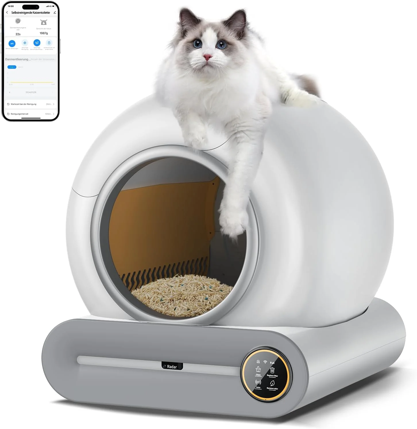 Zelfreinigende kattenbak Groot XXL 68L, Automatische kattenbak met afvalzakken, Lage instap met APP-bediening Elektrische kattenbak, voor 2 katten Zelfreinigende kattenbak