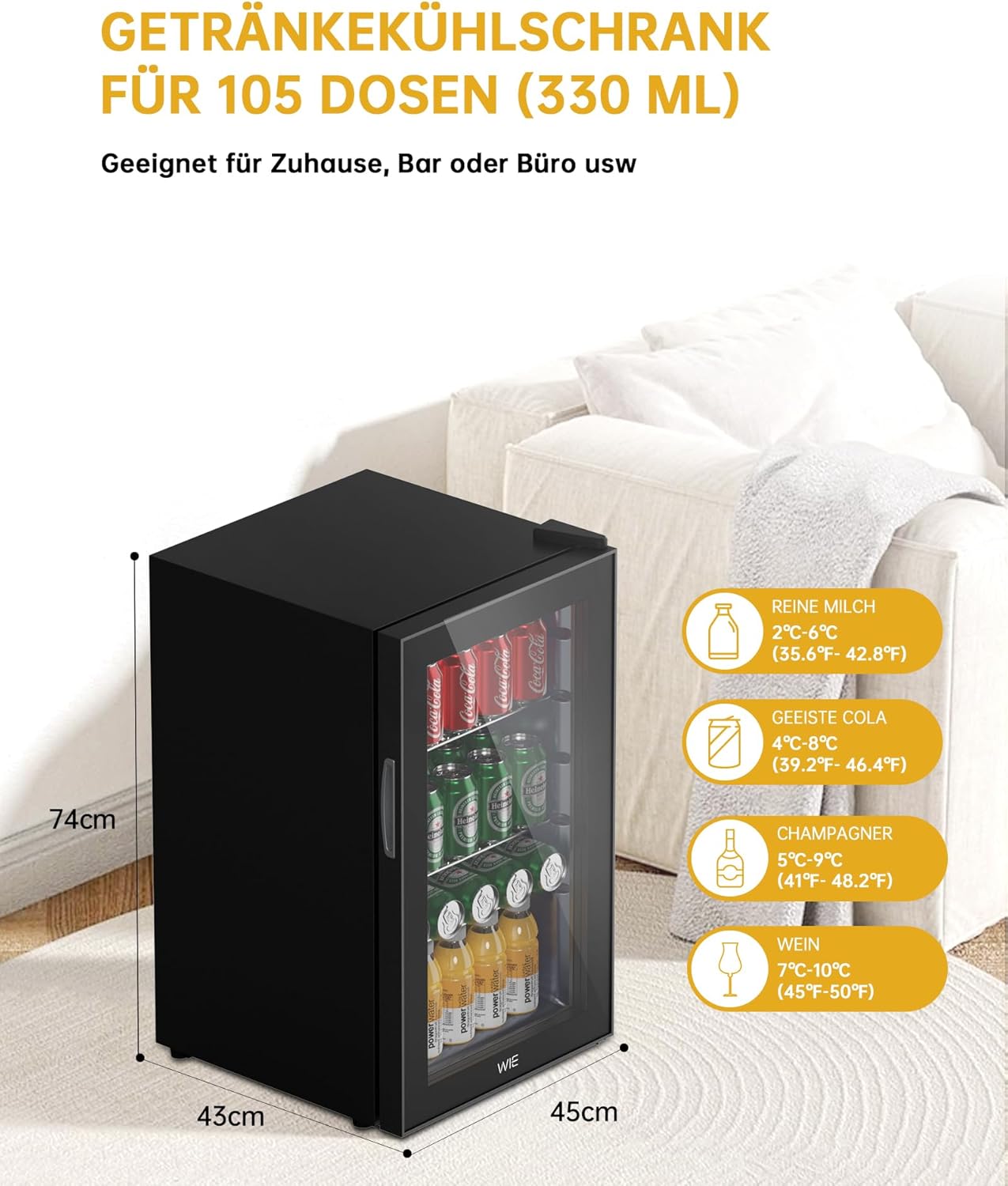 WIE Mini Kühlschrank Getränkekühlschrank 70 Liter mit Doppelte Glastür mit Verstellbaren Ablagen Indoor Outdoor Klein Bierkühlschrank Leise 105 Dosen für Soda/Bier/Wine für Zuhause/Küche/Bar/Büro