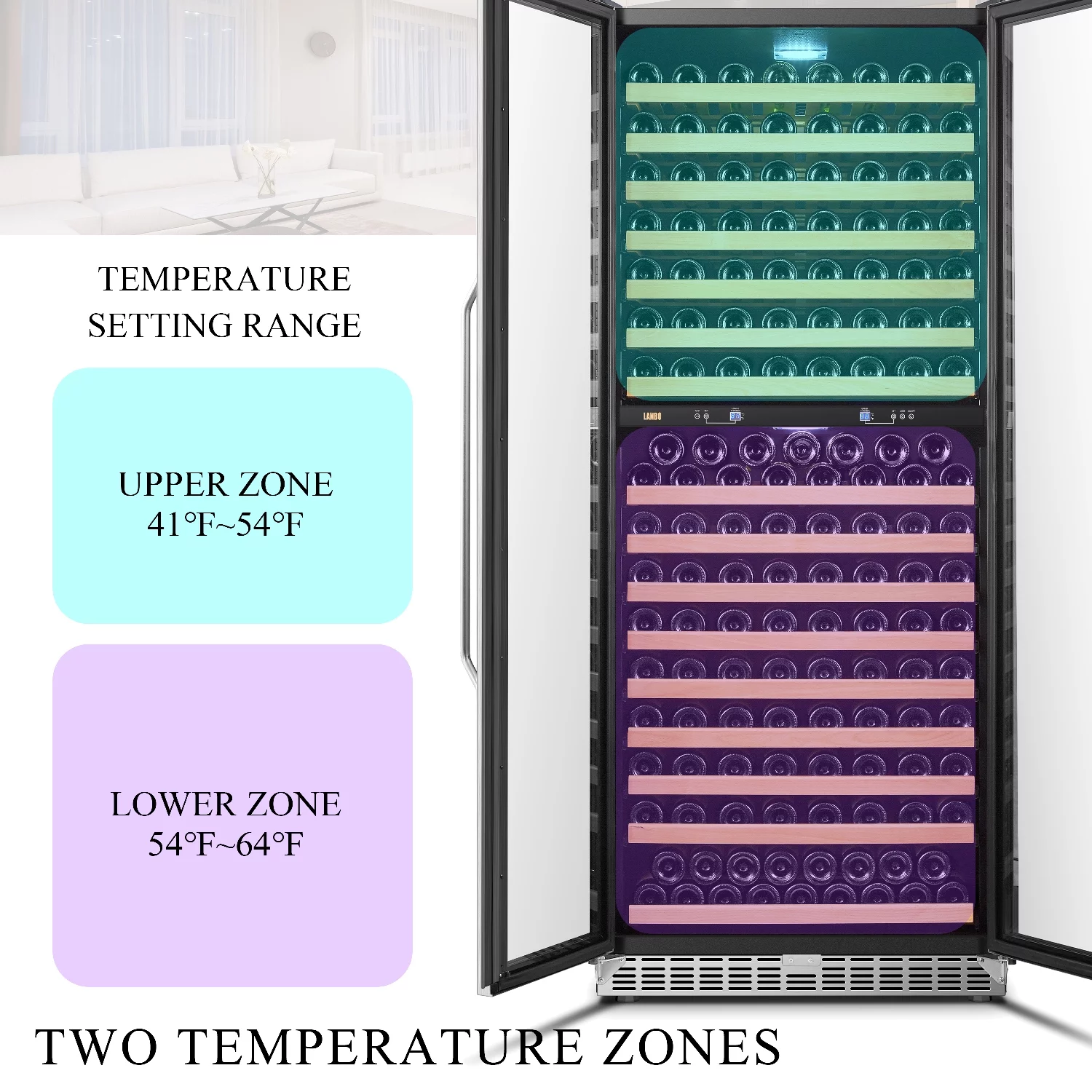 2025 Lanbo Vrijstaande Wijnkoeler met Compressor van 32 Inch en Dubbele Zone voor 287 Flessen