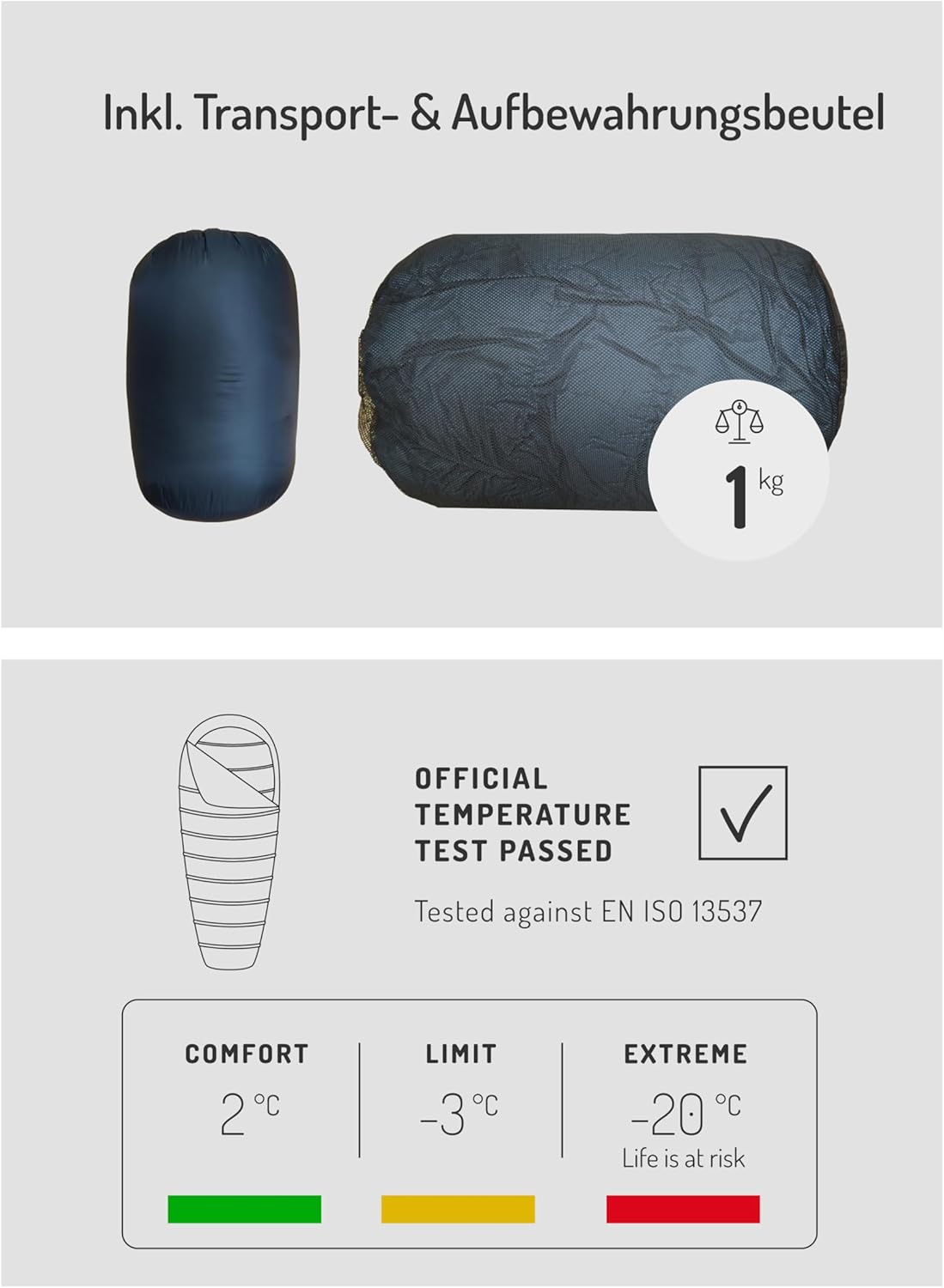NORDKAMM® Daunenschlafsack 3 Jahreszeiten, leicht und kleines Packmaß, Schlafsack Daunen für Outdoor und Camping, Daunen Schlafsack Erwachsene in 2 Größen