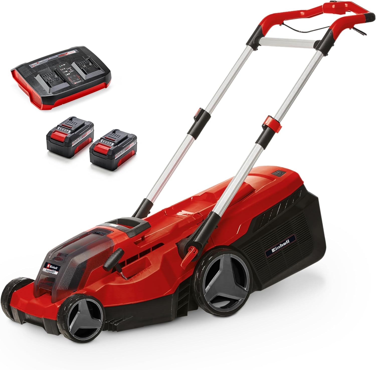 Einhell Akku-Rasenmäher RASARRO 36/38 Kit Power X-Change (36 V, 38 cm Schnittbreite, 450 m², Brushless, Mulchfunktion, 45L Fangkorb, inkl. 2X 4,0 Ah Akkus + Twincharger)