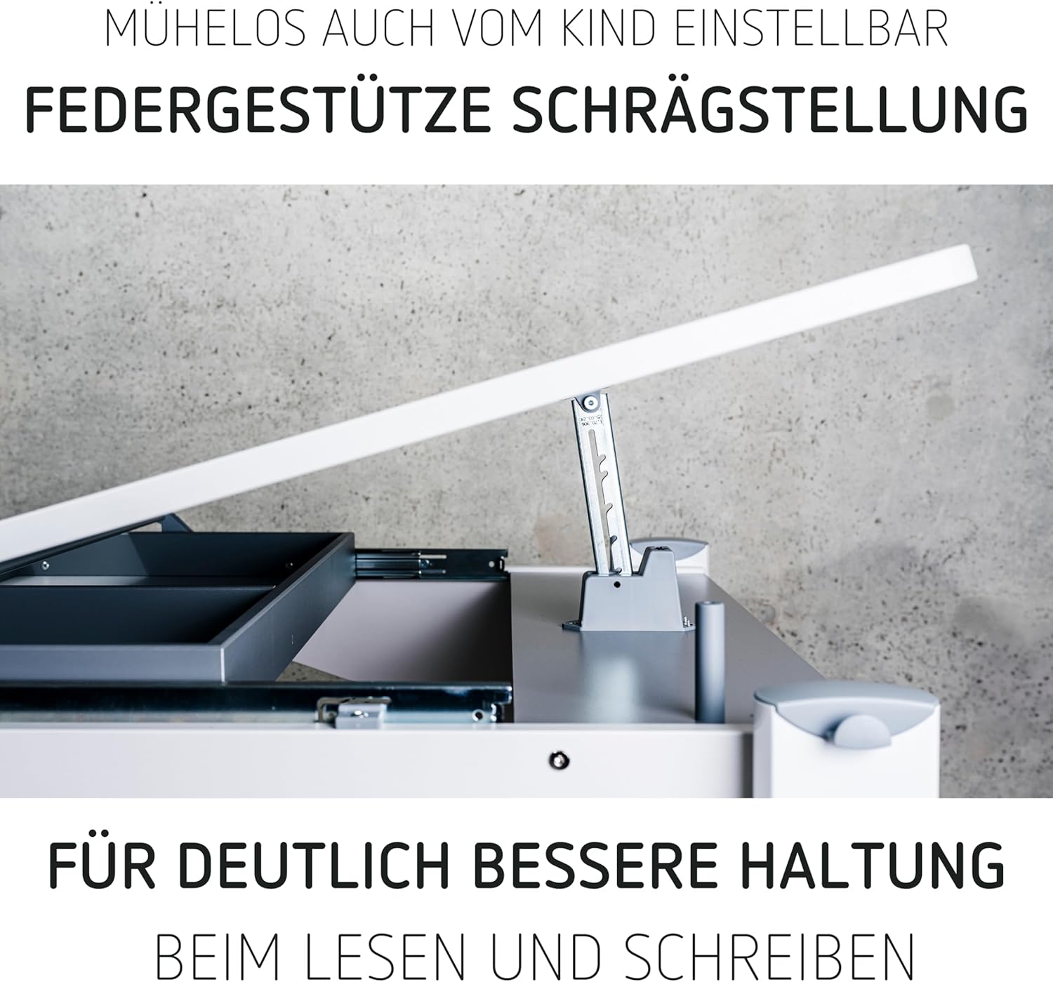 Moll Sprinter Kinderschreibtisch höhenverstellbar | mitwachsend, ergonomisch & neigbar für aufrechtes Sitzen | ideal für Schulkinder | Schreibtisch weiß optional mit Schublade | Made in Germany