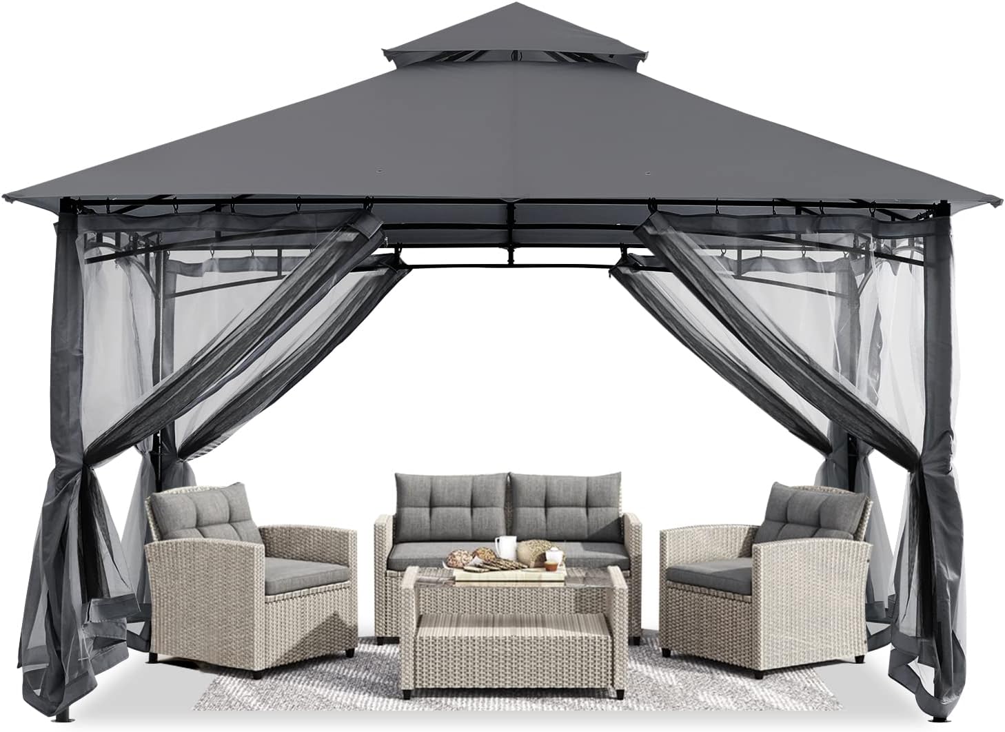 ABCCANOPY Pavillon 2.5x2.5m Wasserdicht Stabil Winterfest Gartenpavillon，Doppeldachweichdach Hinterhof-Partyzelt mit Netz für Schatten und Regen,Grau