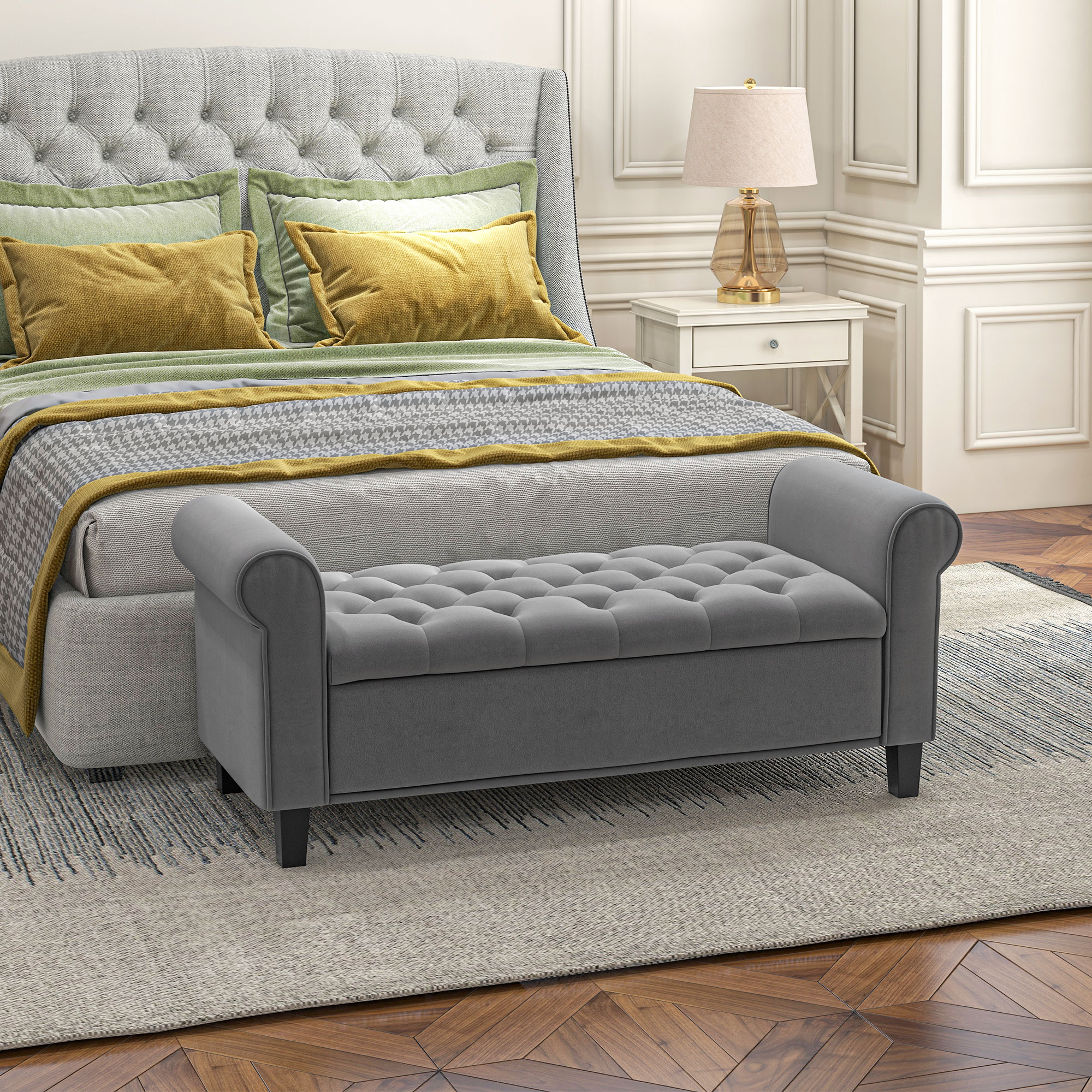 Zitbank Polsterbank Bedbank, Knoopstiksel, Fluweelachtige Afwerking, 126 cm x 48,5 cm x 57 cm, Grijs