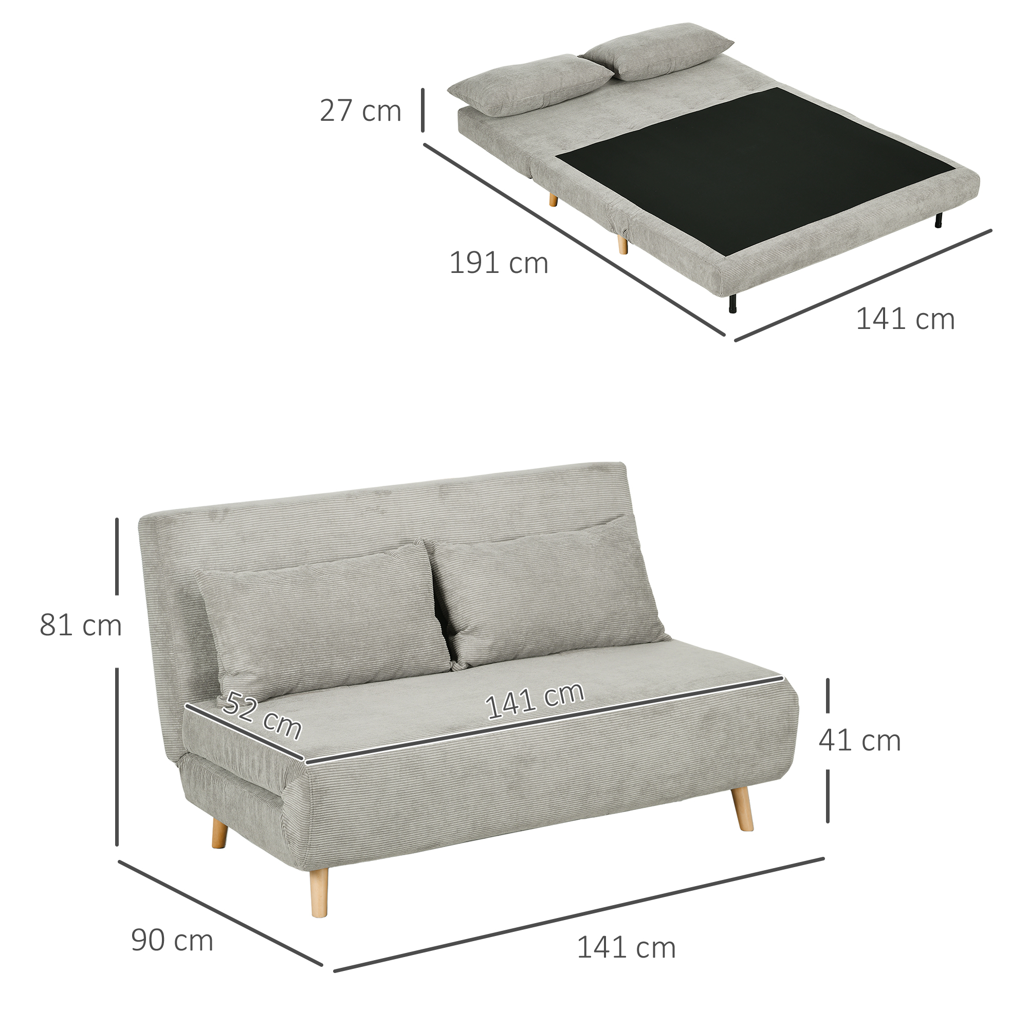 Slaapbank, Logeerbed, 3-standen Verstelbare Rugleuning, Linnenlook, tot 120 kg, 141 x 90 x 81 cm, Grijs