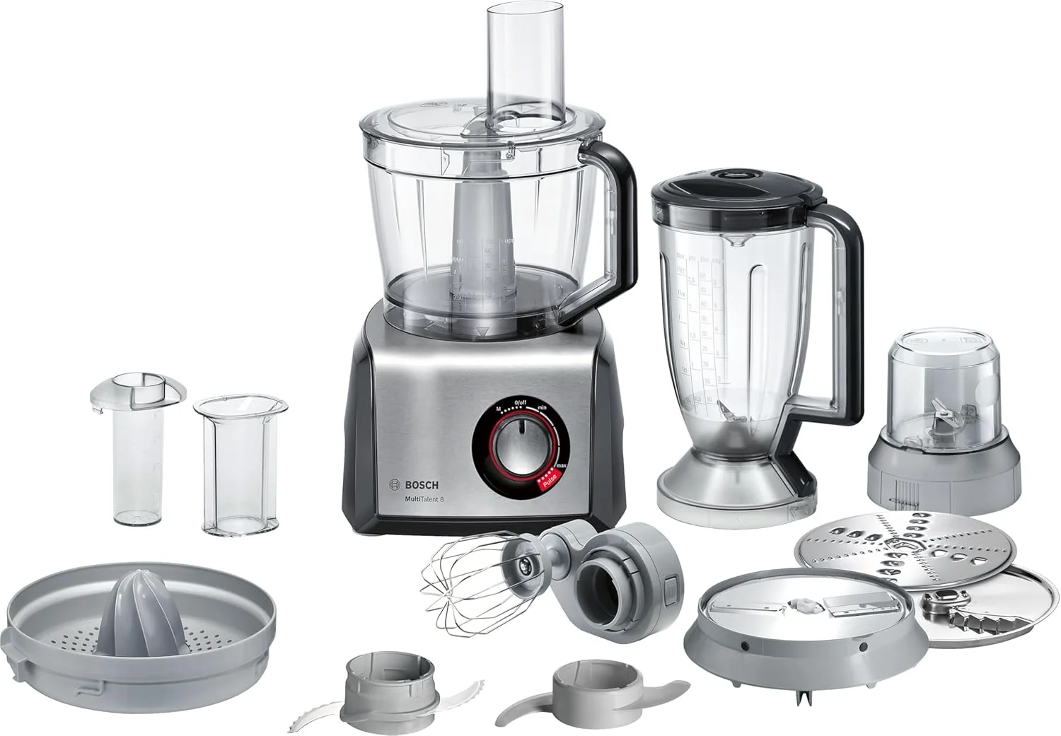 Bosch MultiTalent 8, Robot kuchenny z tarczą do frytek i młynkiem do ziaren, 1250 W, duża misa 3,9 l, mikser 1,5 l, wyciskarka do cytrusów, wyświetlacz LED, MC812M844, biały, szczotkowana stal