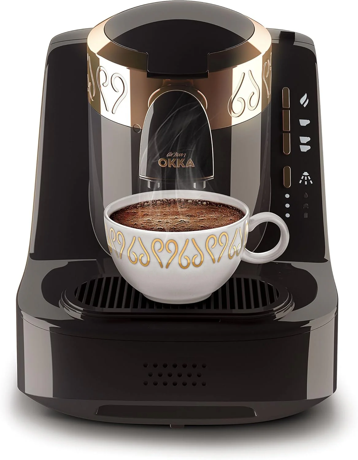 Arzum Okka Turkse koffiemachine, volautomatisch, 3 kopmaten, zelfreinigingsfunctie, watertank van 950 ml, overloopbeveiligingssensor, compact ontwerp, zwart-goud