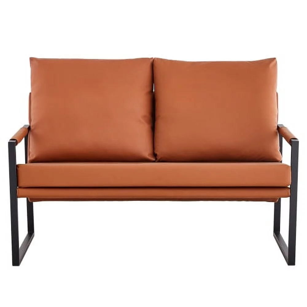 Moderne 2-zitsbank met 2 kussens �C PU-leer, Hoge Dichtheid Schuim, Zwarte Gecoate Metalen Frame, Bruin