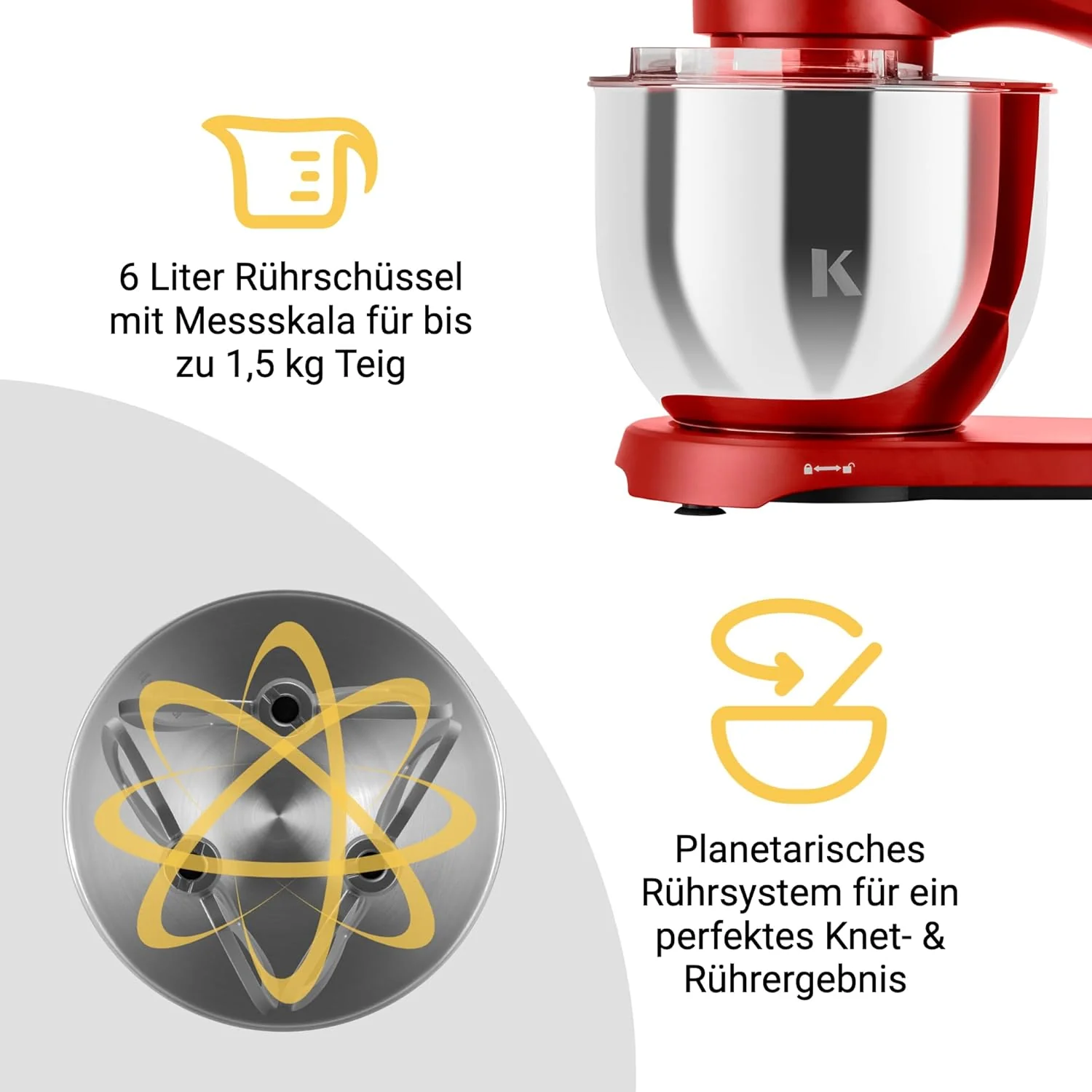 KLAMER Keukenmachine 1800W, Kneedmachine met 6 Liter RVS Kom, 10 Snelheidsstanden met Timer, Klopper, Deeghaak, Garde en Spatdeksel
