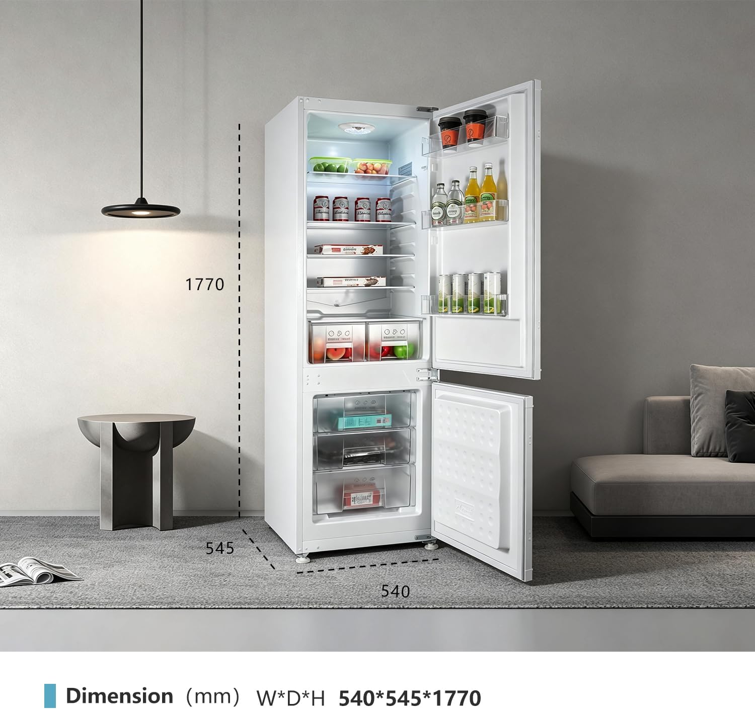 Einbaukühlschrank mit gefrierfach 177 cm hoch x 54 cm breit , 【 Nofrost Plus 】, kühl gefrierkombination einbau 178 kühlschrank | 225 L (181L/44L) | Energieeffizient | 5 hat | Leise | Türs Wechselbar