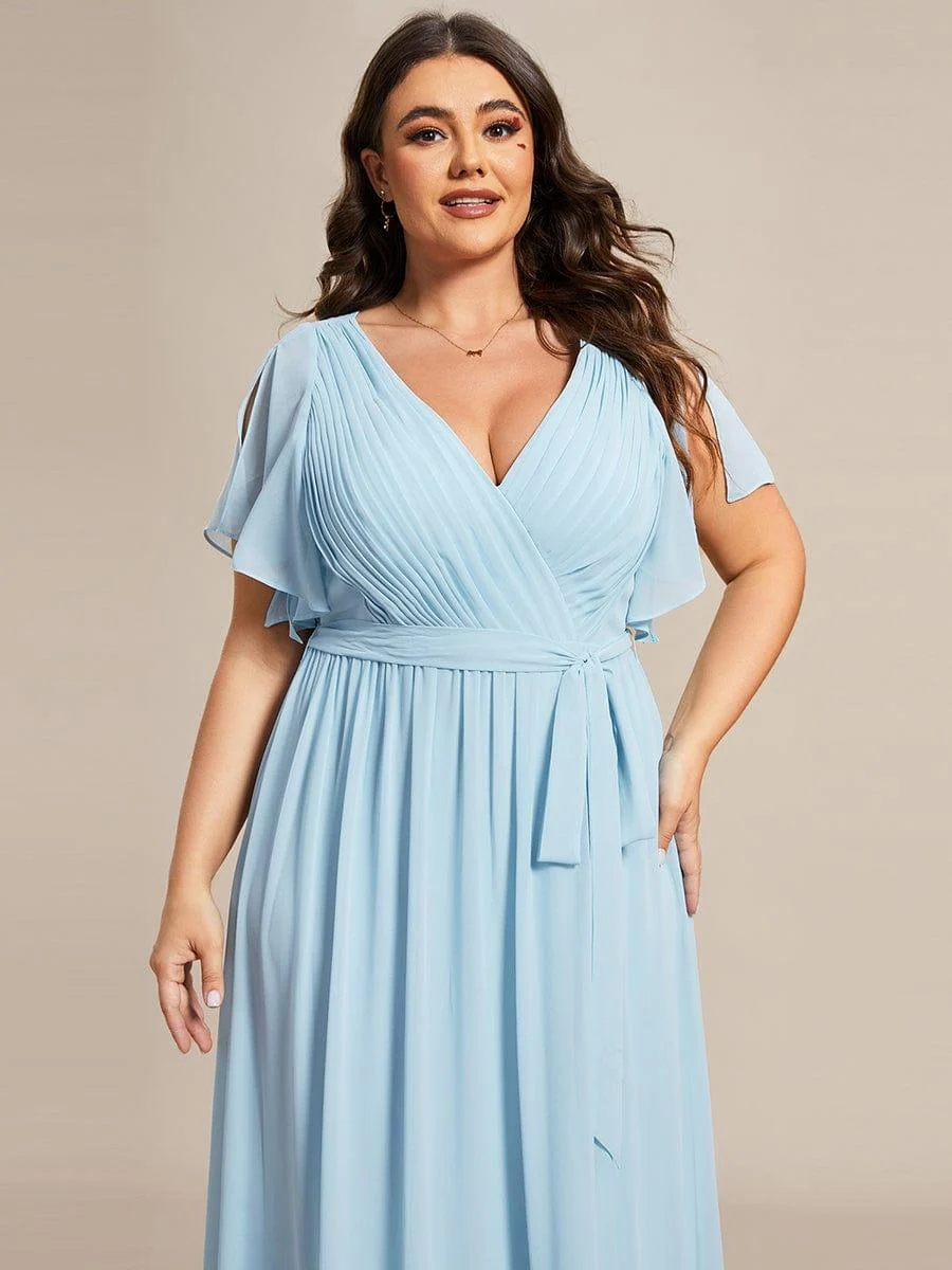 Abendkleid Damen Maxi A-Linie aus Chiffon | Festliches Kleid f��r Hochzeitsg?ste mit V-Ausschnitt und Fl��gel?rmeln