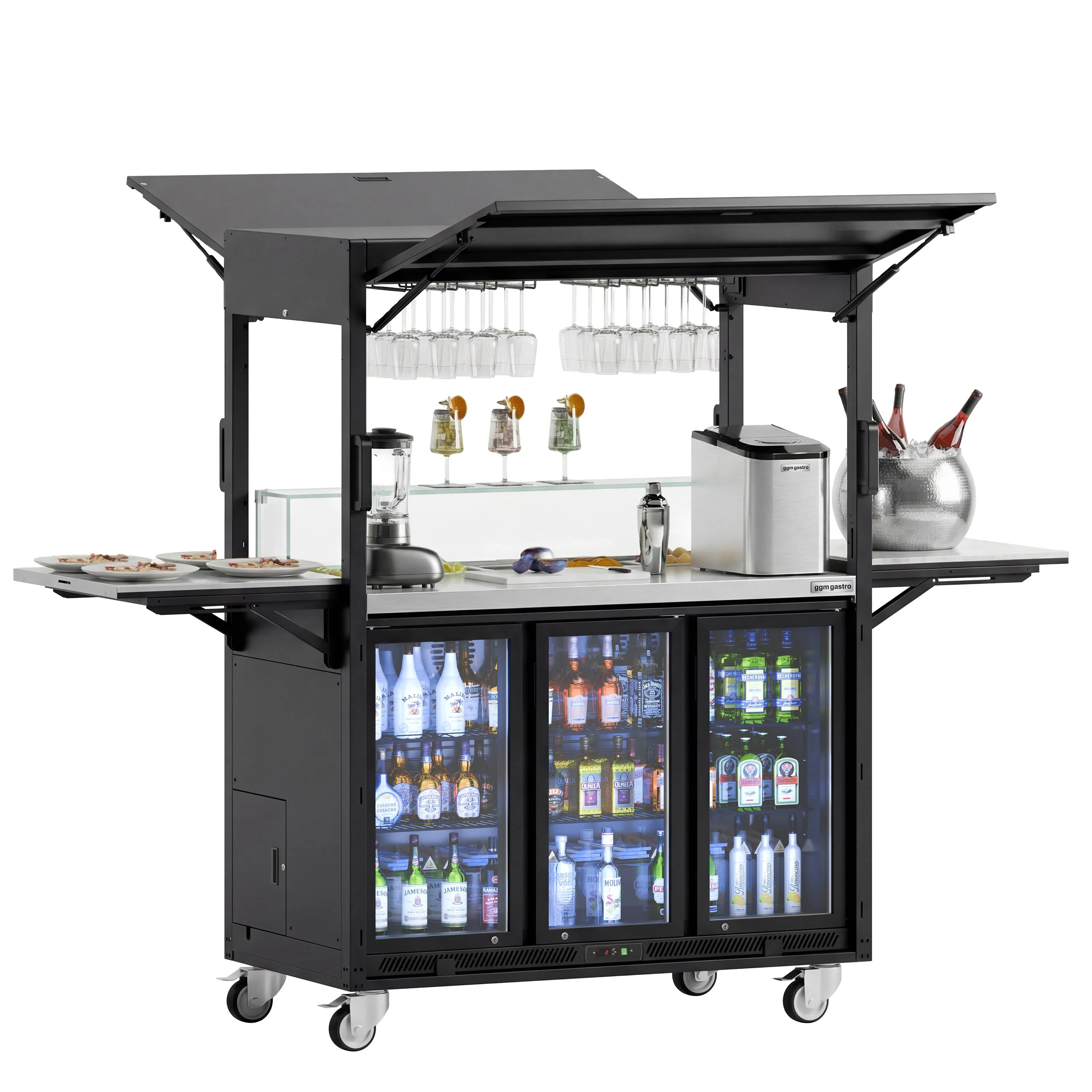 Mobil cocktailstasjon - med barkjøleskap, arbeidsflate, glassplate og LED-belysning - hengslet
