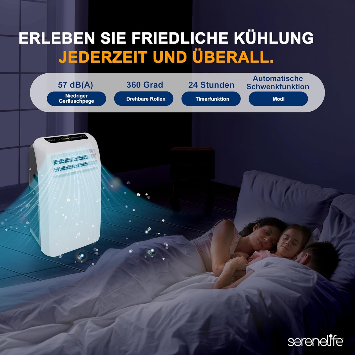 SereneLife Klimaanlage mobil, 3-in-1 mobiles Klimagert mit Abluftschlauch - Luftkühler, Luftentfeuchter & Ventilator, air conditioner 9.000 BTU, 1,5 L Feuchtigkeit/Stunde, kühlt Rume bis 42 m