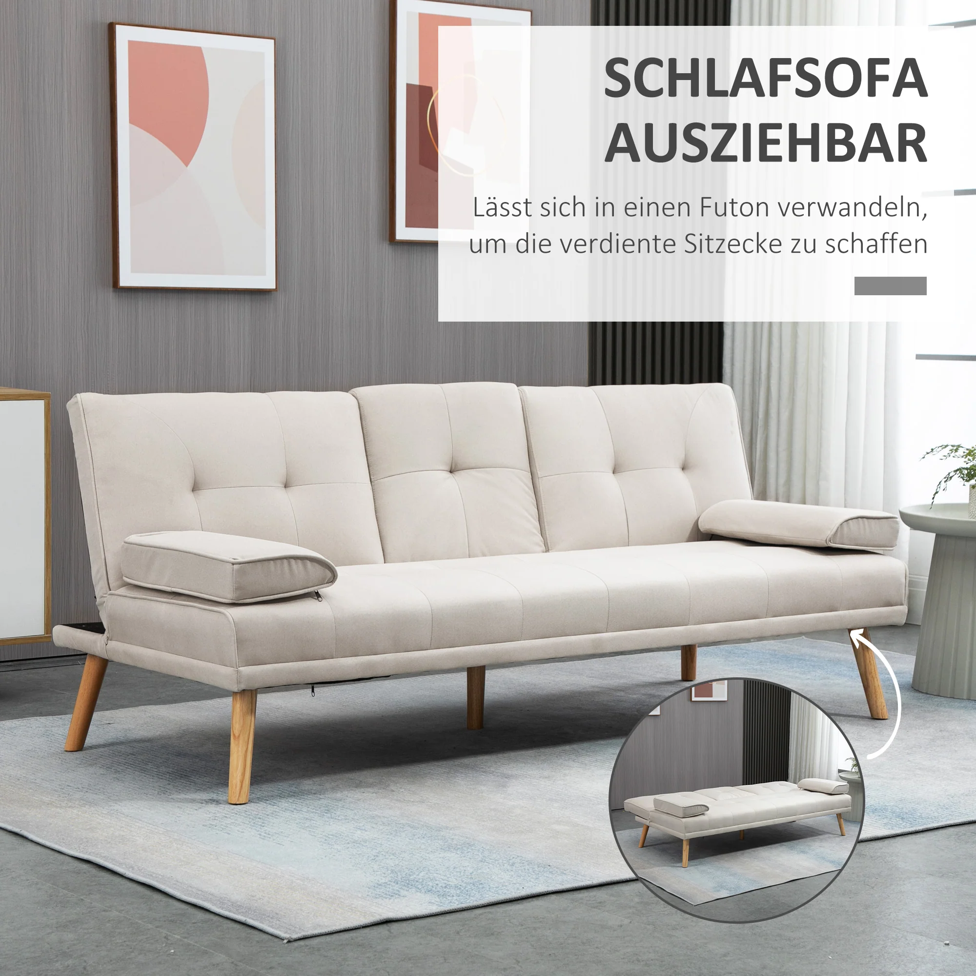 HOMCOM Slaapbank 3-zits, verstelbare rugleuning met inklaptafel, twee armkussens, linnenlook, beige, 181 x 77 x 78 cm