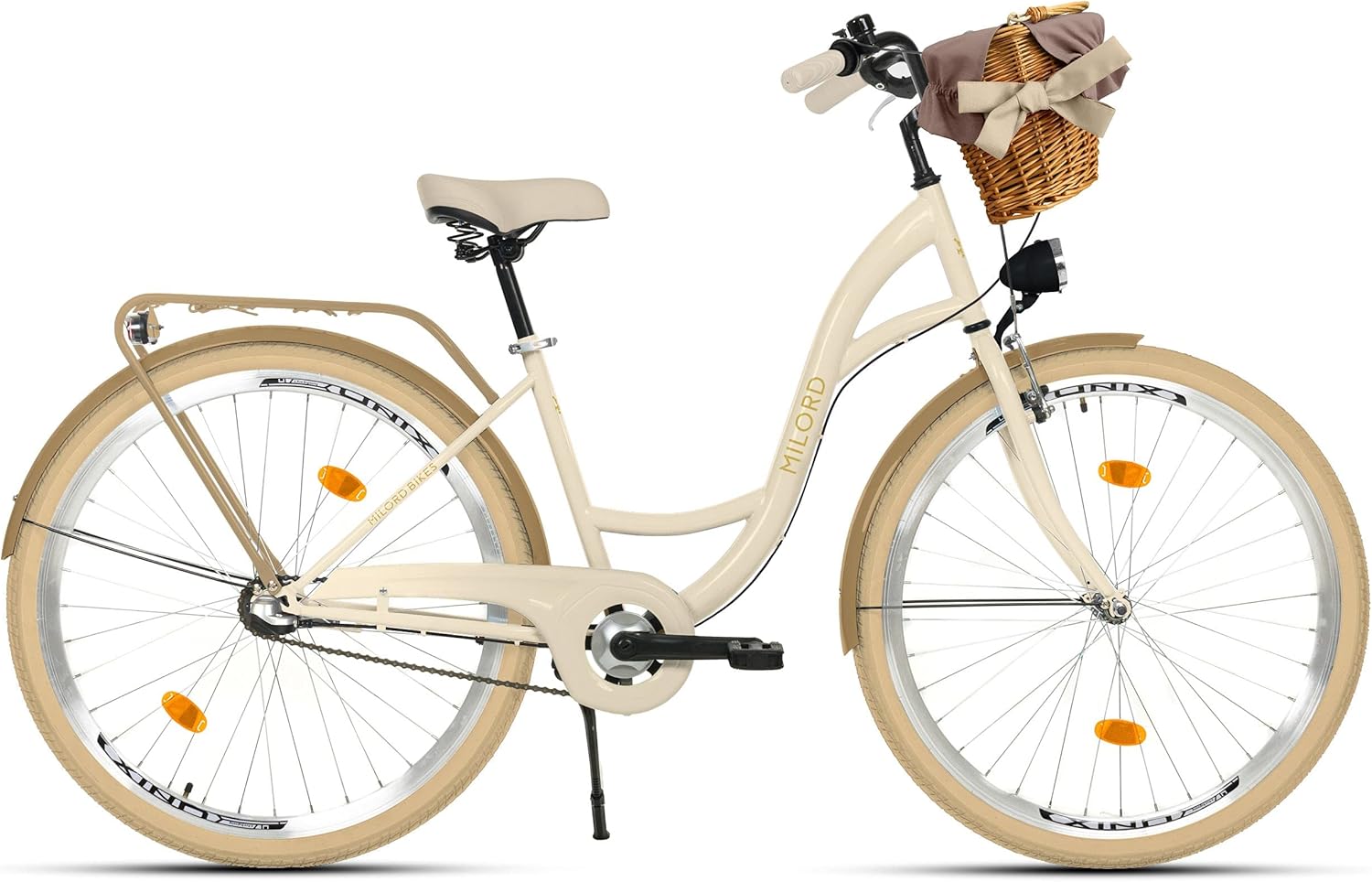 MILORD. Bicicleta de 26 pulgadas, 3 velocidades, color crema y marrón, con cesta y respaldo, bicicleta holandesa, bicicleta de ciudad, retro, vintage