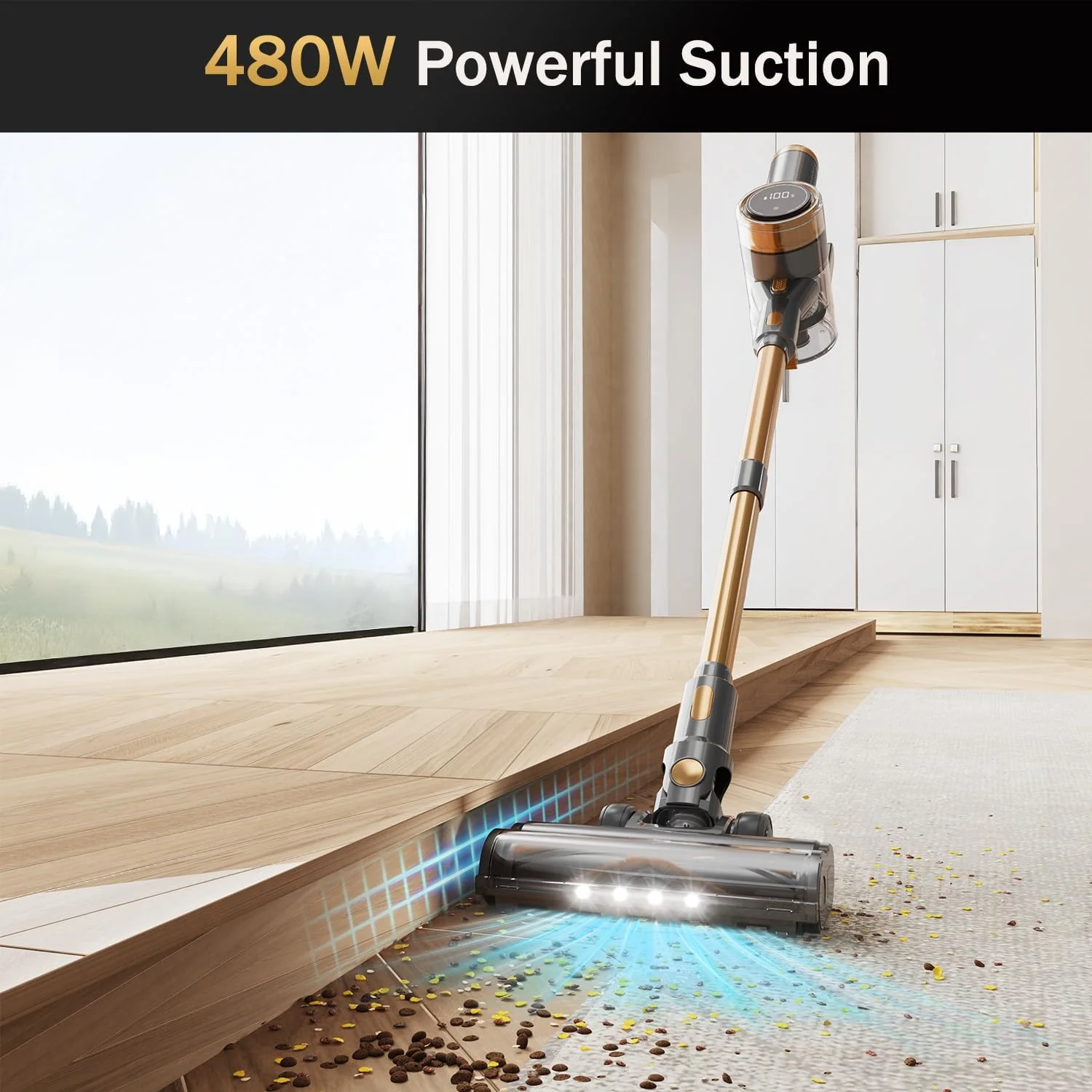 Cordless Vacuum Cleaner. 10-in-1 Lightweight Stick Vacuum with 45mins Runtime. Powerful Suction. LED Touch Screen. Rechargeable Vacuum Cleaners for Home Hardwood Floor Carpet Pet Hair (Gold)