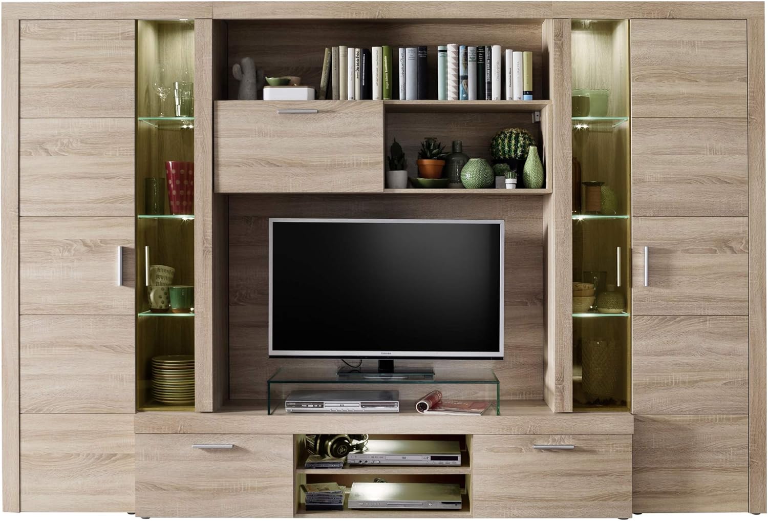 trendteam smart living - Mondeo - Wohnwand - Eiche - Anbauwand mit 4 Türen, 5 offenen Fächern, 3 Klappen und 7 Einlegeböden - (BxHxT) 291 x 197 x 41 cm -viel Stauraum für Ordnung.