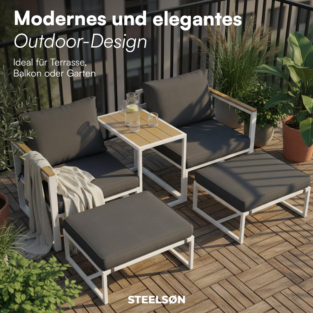 STEELSØN Gartenmöbel Set 5-TLG Asteri, Gartenlounge für 2-4 Personen, Balkonmöbel Set wetterfest inkl. 2 Sessel, 2 Hocker und 1 Tisch, Terrassenmöbel aus Metall mit Kissen Weiß
