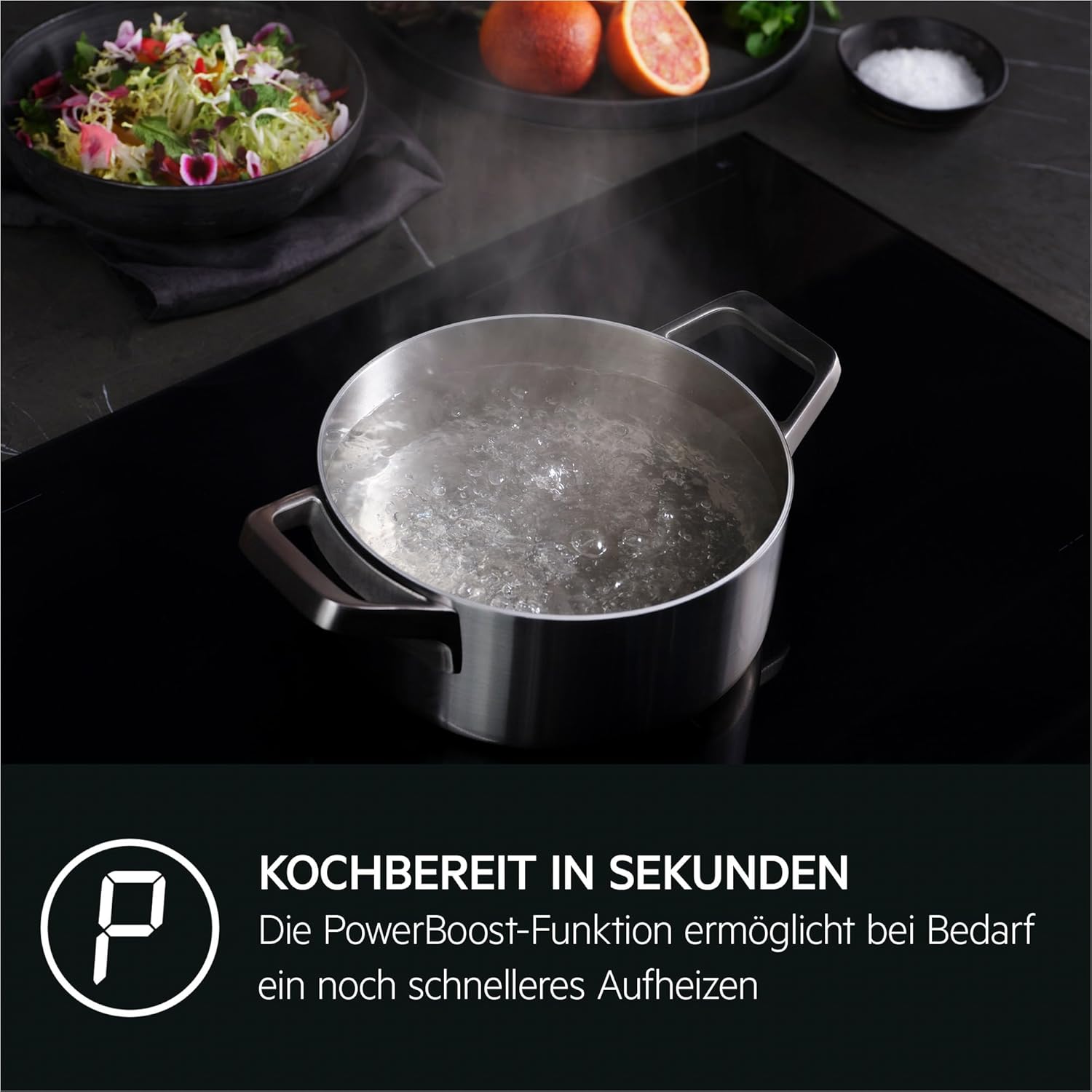 AEG Induktionskochfeld autark 80cm mit Dunstabzug / Made in Germany / 4 Flex-Kochzonen mit Bridge (Kombination 2er Zonen) / Auto-Funktion des Dunstabzugs / Aktivkohlefilter / COLI84COXB