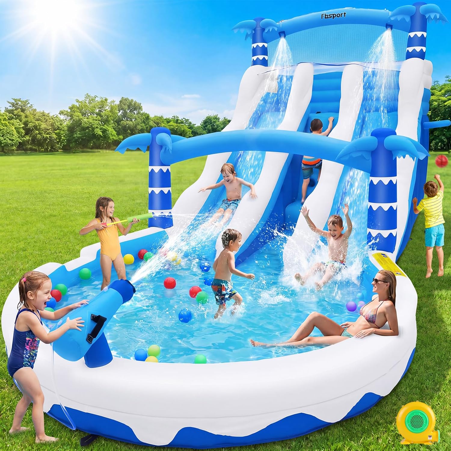 Hüpfburg XXL mit 2 Wasserrutsche für Gewerblichen Erwachsene & Kinder, Aufblasbare Bouncy Castle für Indoor Outdoor mit Gebläse Größe Pool Rutsche Korb Sprinkleranlage und Kletterwand, 630x290x285 cm