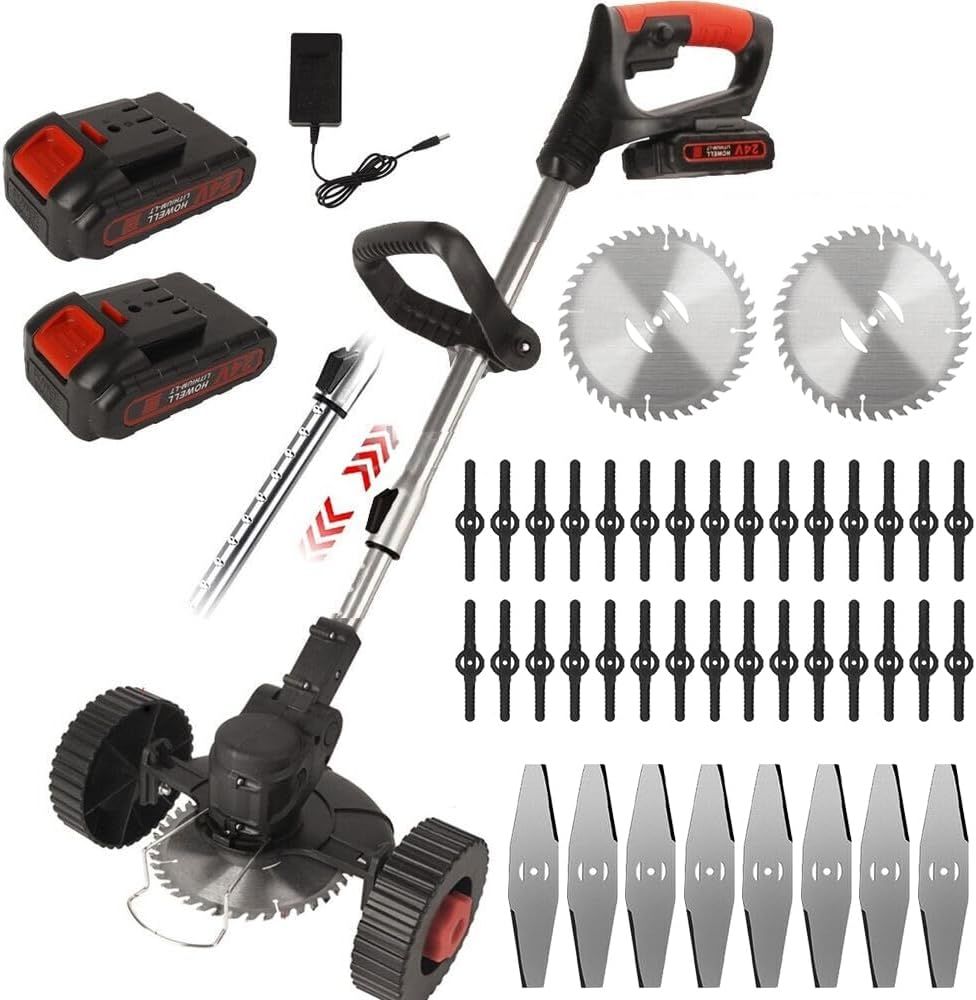 Cordless Electric Grass Trimmer with Dual 2000mAh Batteries & Quick Charger, 3-in-1 Lightweight Brush Cutter/Edger/Mower with Multi-Blade & Wheels for Garden Lawns