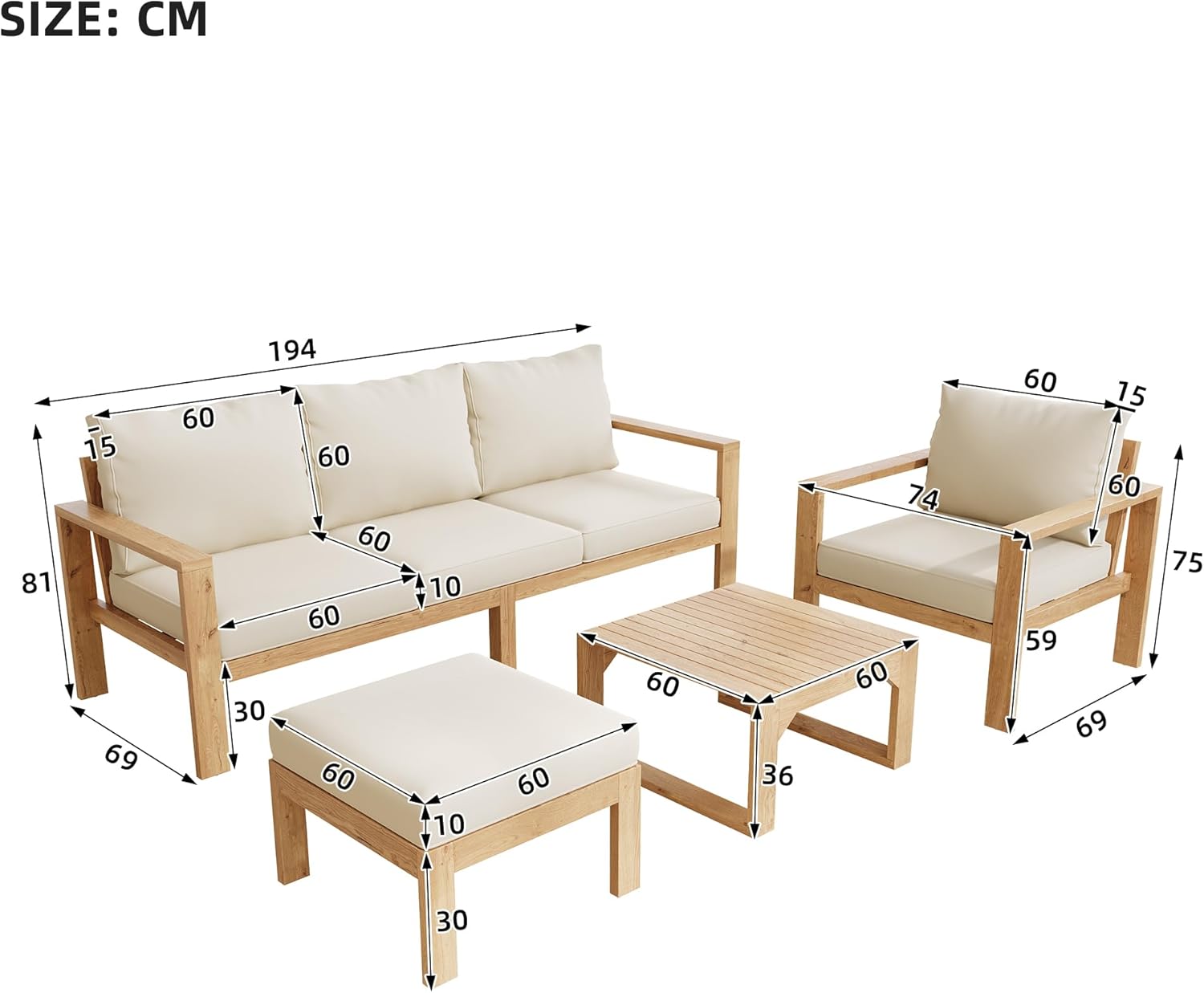 Mrwoo Gartenmöbel-Set für 4-6 Personen,Robuster Akazienrahmen,Komplett mit Dreisitzer 2 Einzelstühlen Fußhocker und Couchtisch,Natur Creme,Zeitlos Elegant,Ideal für Garten und Terrasse