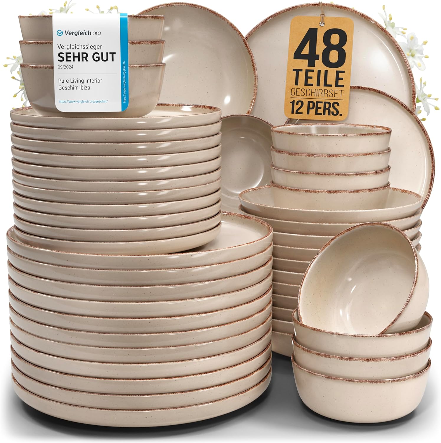 Steingut Geschirrset 12 Personen Rustic 48 tlg. TESTSIEGER, Hochwertiges Landhaussttil Steingut Geschirr Set, Schüssel- und Teller Set, Tafelservice 12 Personen, Geschirrsets Pure Living in Beige