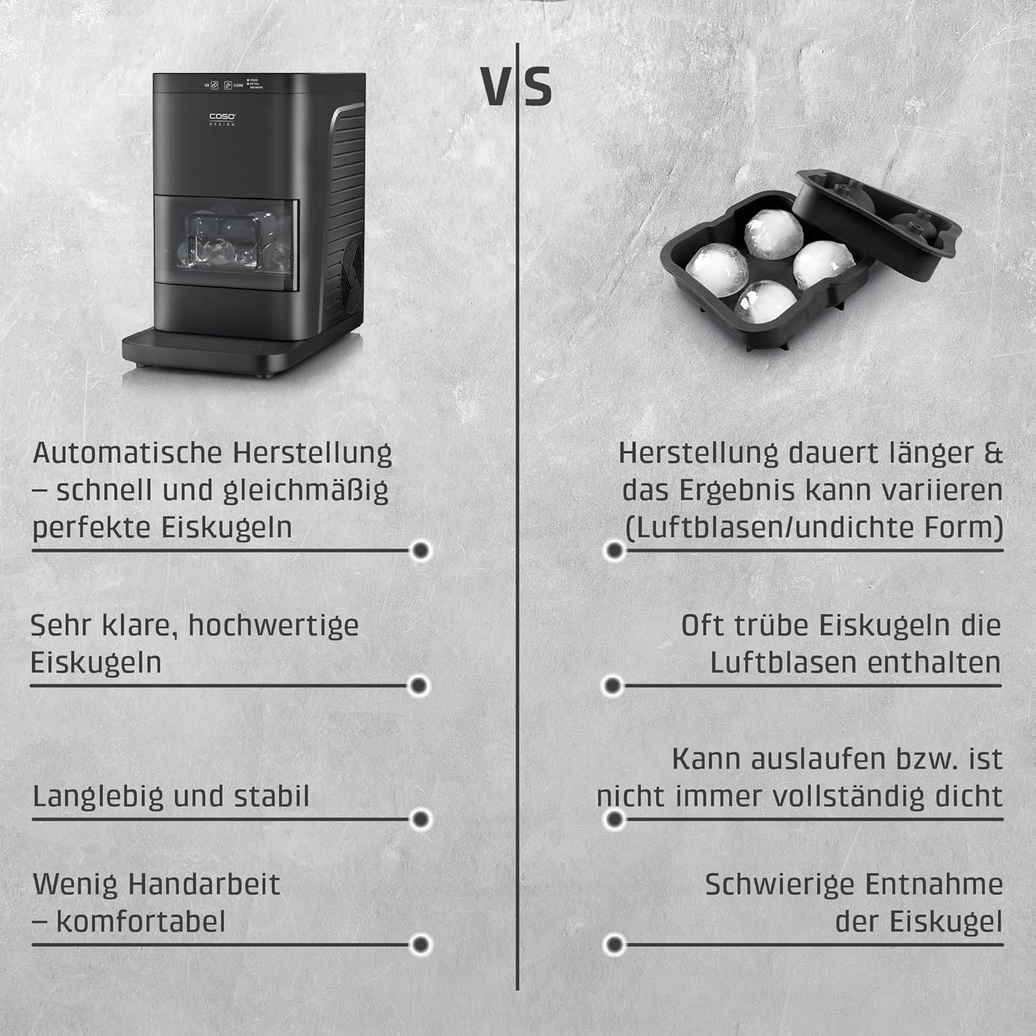 CASO IceBall Pro Eiskugelbereiter mit Kompressor - Kristallklare Eiskugeln 50-55 mm, 2 Kugeln/Stunde, 1,3 l Wassertank, Selbstreinigung, LED-Anzeige, mattschwarz