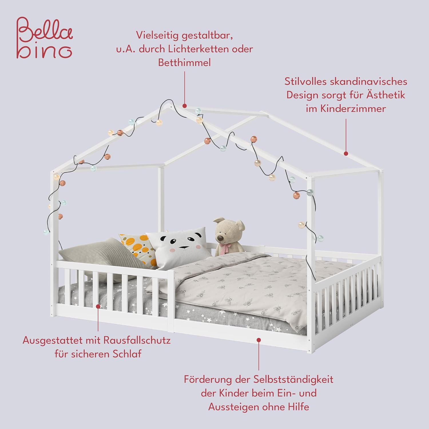 Bellabino Kinderbett Bia 140x200 cm, Hausbett Kinder inkl. Rausfallschutz und Rolllattenrost, Montessori Bodenbett weiß aus Massivholz Kiefer