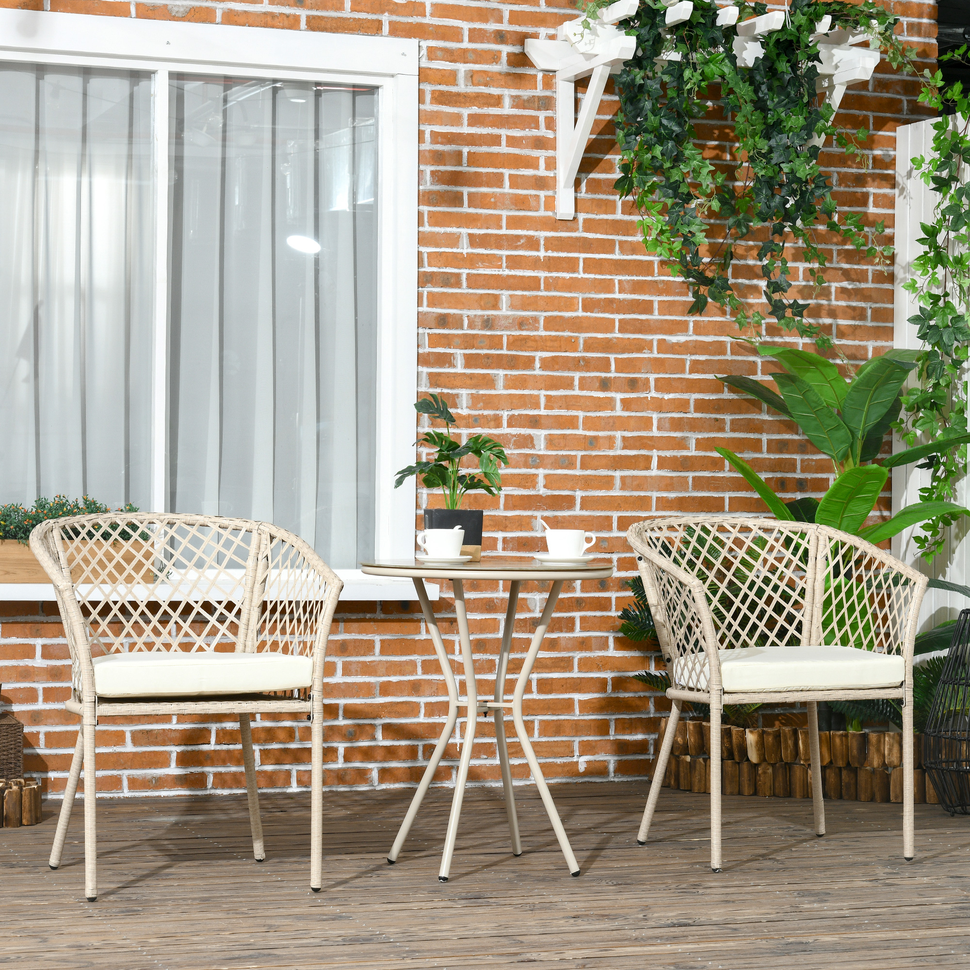 Rattan Tuinmeubelset, 2 Stoelen en Tafel, Gehard Glas Tafelblad, PE Rattan, Zitkussens, Metalen Frame, Khaki