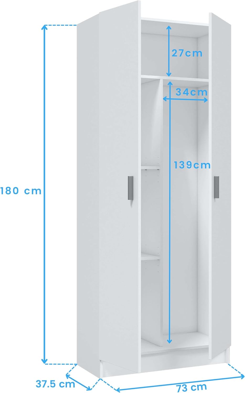 Habitdesign Multi-Purpose Wardrobe, Broom 2 Doors 3 Shelves, 180 x 73 x 37 cm (H x W x D – cm), Matt White