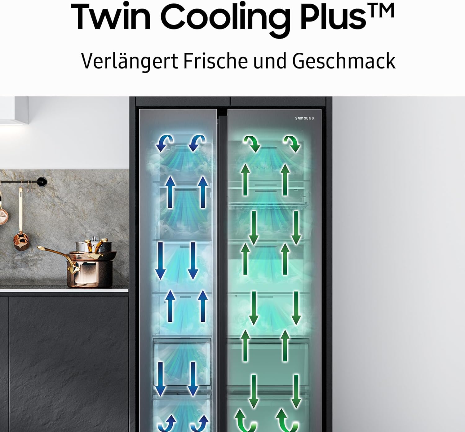 RS70F66KCTEF Side-by-Side Kühl-Gefrierkombination, AI Kühlschrank mit Gefrierfach, 178 cm, 634 l, Eis-/Wasserspender mit Festwasseranschluss, AI Energy Mode, Twin Cooling+, Edelstahl Look