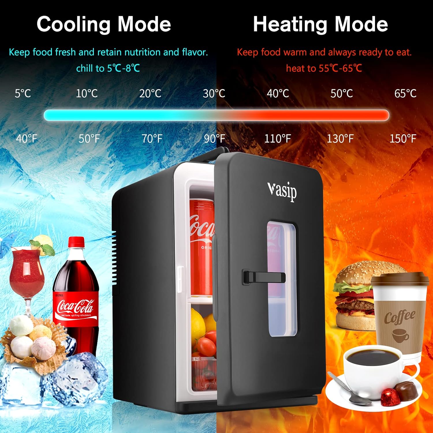 Vasip Mini Fridge 15 L, Portable with Cooling and Heating Function, Small Drinks Fridge for Home, Office, Camping and Car (AC/DC)