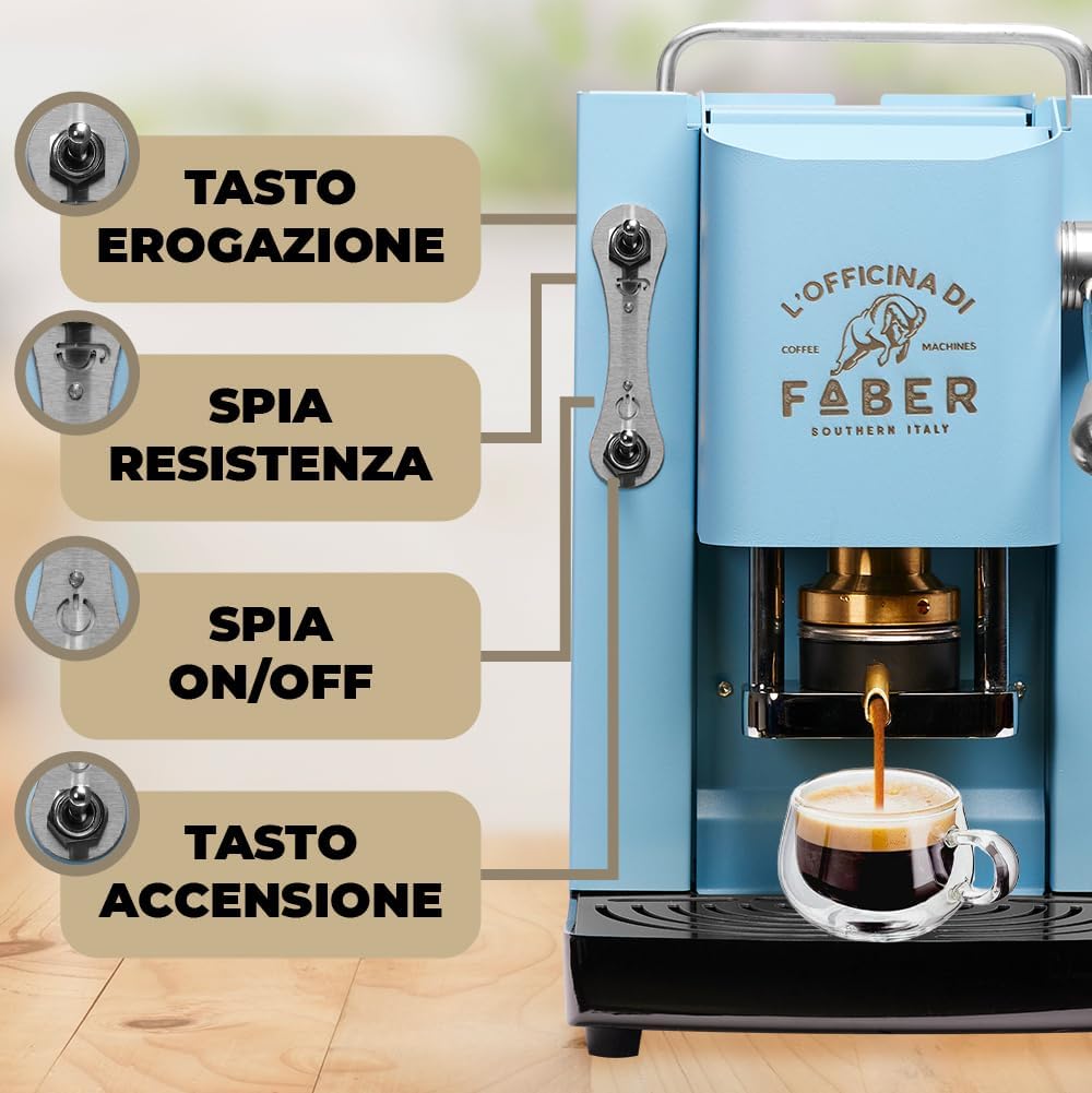 FABER COFFEE MACHINES | Modell Pro Deluxe | Kaffeepadmaschine für 44 mm ESE-Pads | Chrom-Finish | Padpresse aus Messing (Turquoise)