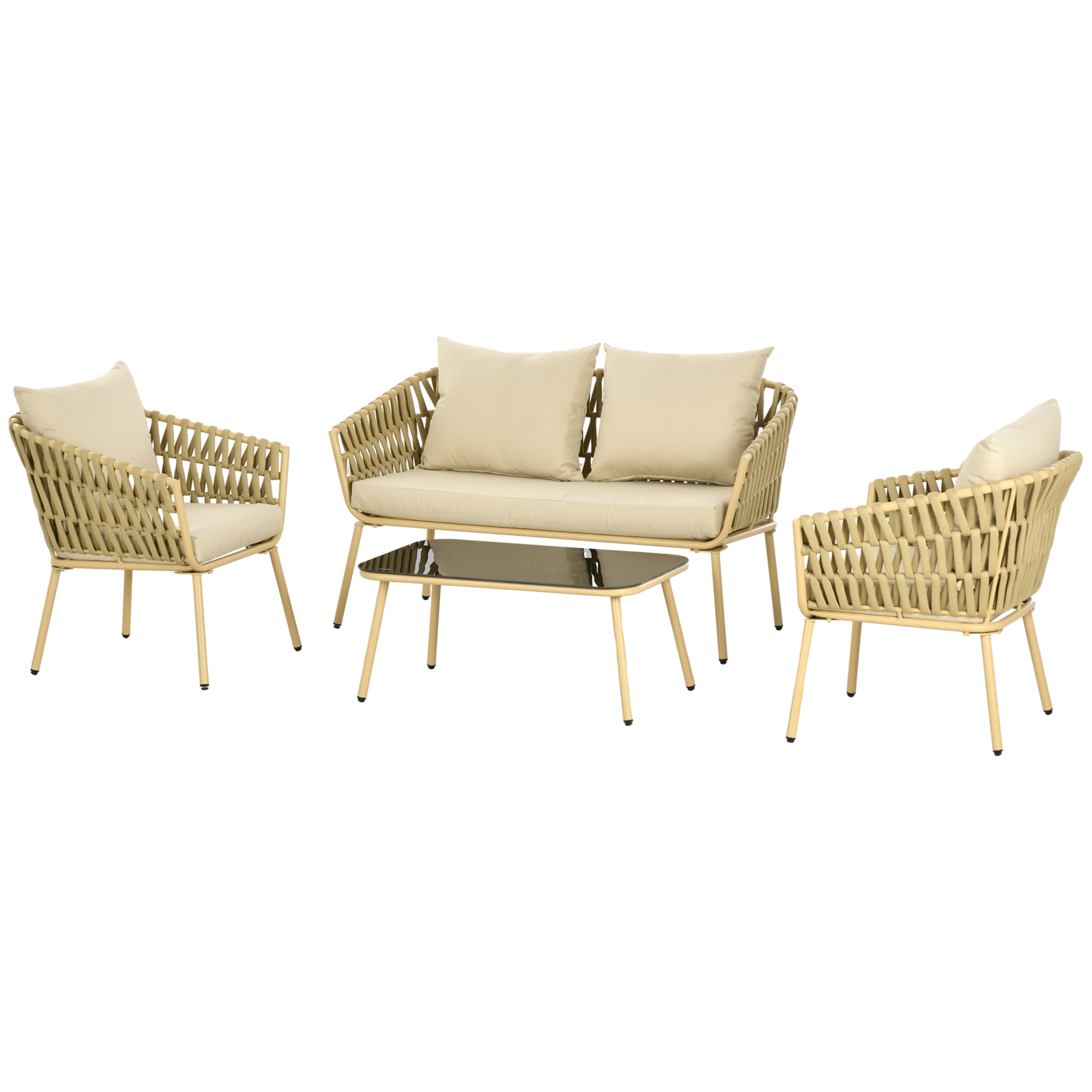 Tuinmeubelset, 4-delig, decoratief rattandesign, tafel met glazen blad, inclusief zitkussen, weerbestendig, Khaki