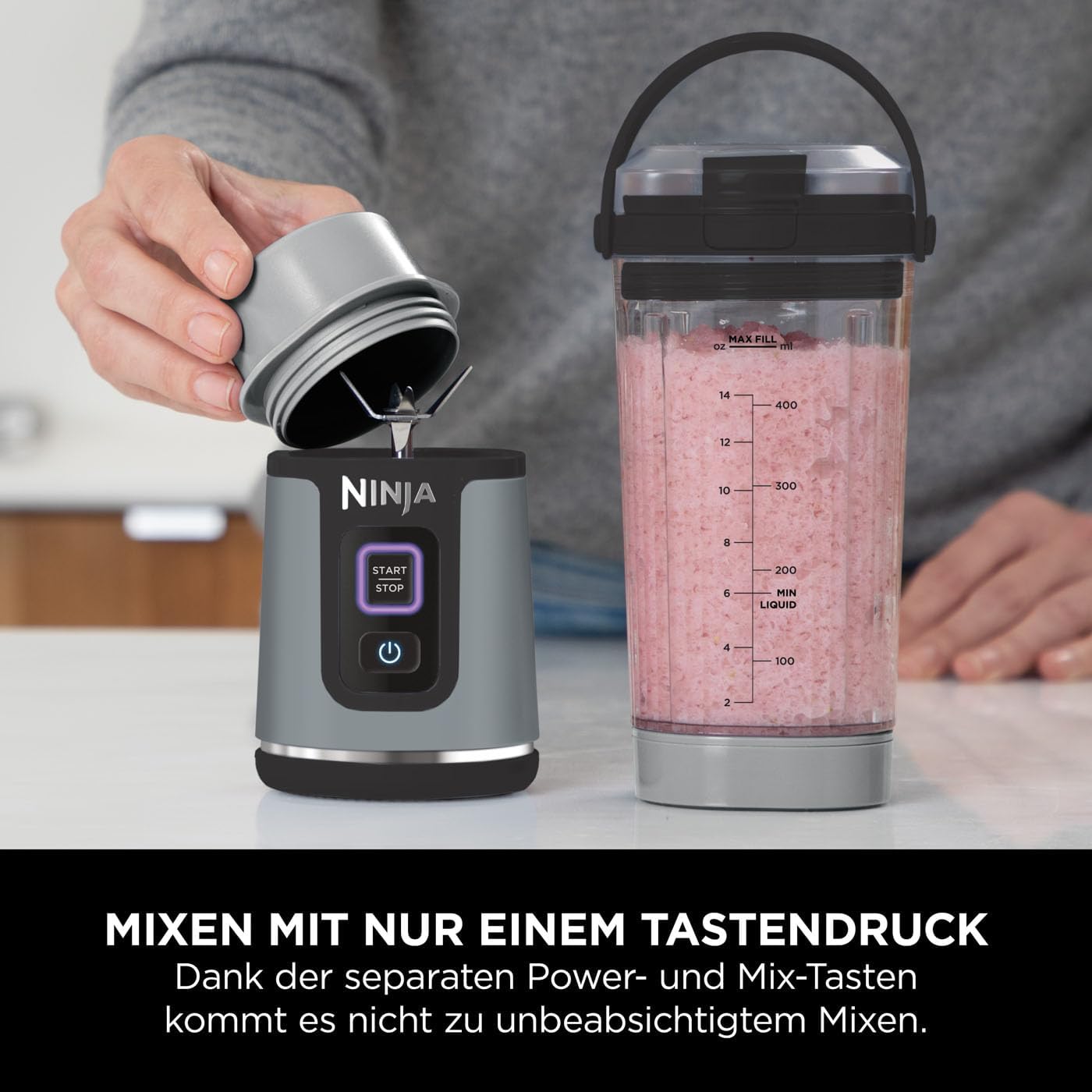 Ninja Blast Tragbarer Mixer / Blender / Smoothie Maker, 530ml Becher, Auslaufsicherer Deckel, Leistungsstarker Mini Standmixer, Kabellos & Wiederaufladbar, Zerkleinert Eis & Obst, Schwarz, BC151EUBK