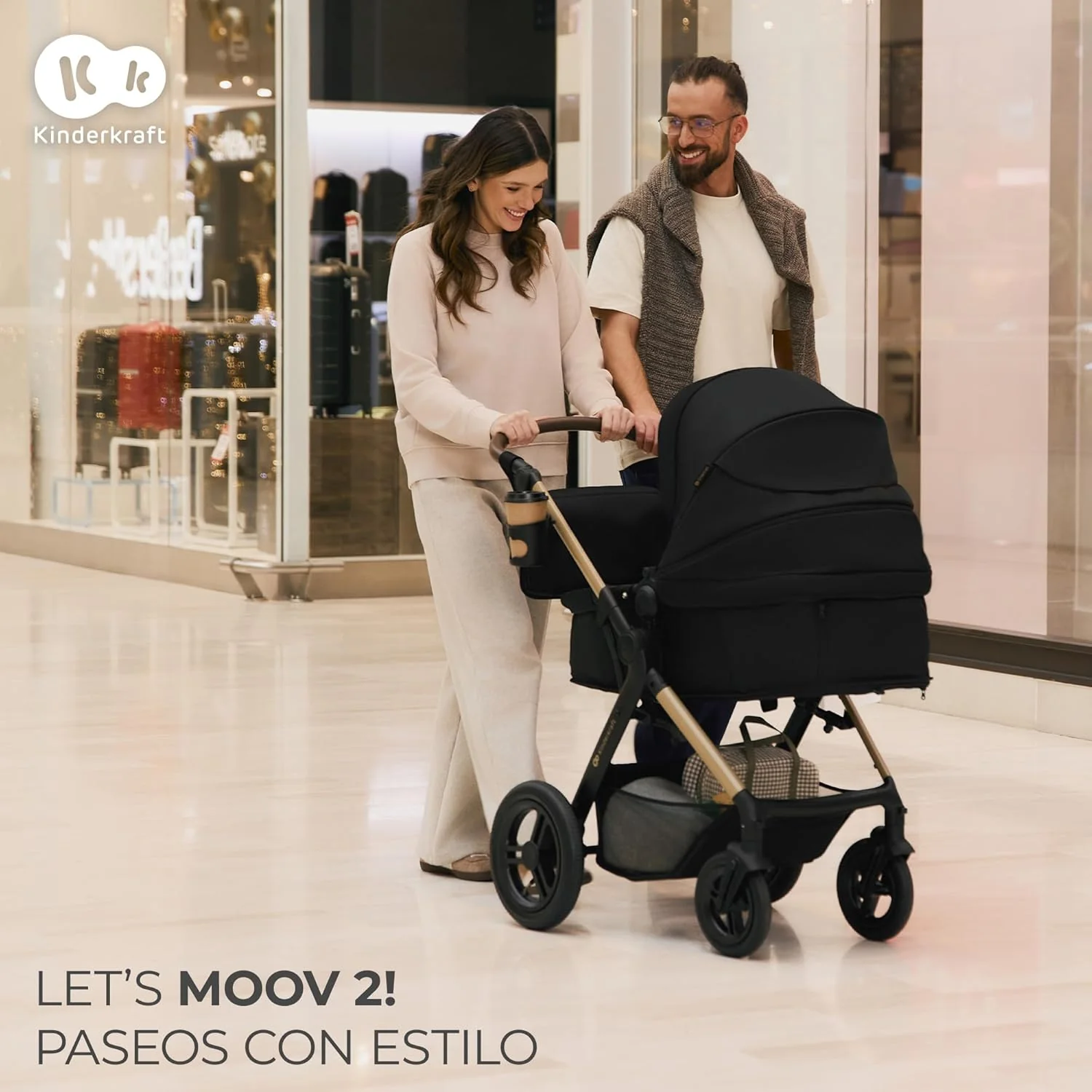 Kinderkraft MOOV XL 3 en 1, Carrito bebé hasta 27 kg, Carro, Con Asiento I-SIZE 40-75 cm, Plegable, Amortiguación, Convertible, Capazo XL, Con accesorios, Gris Claro
